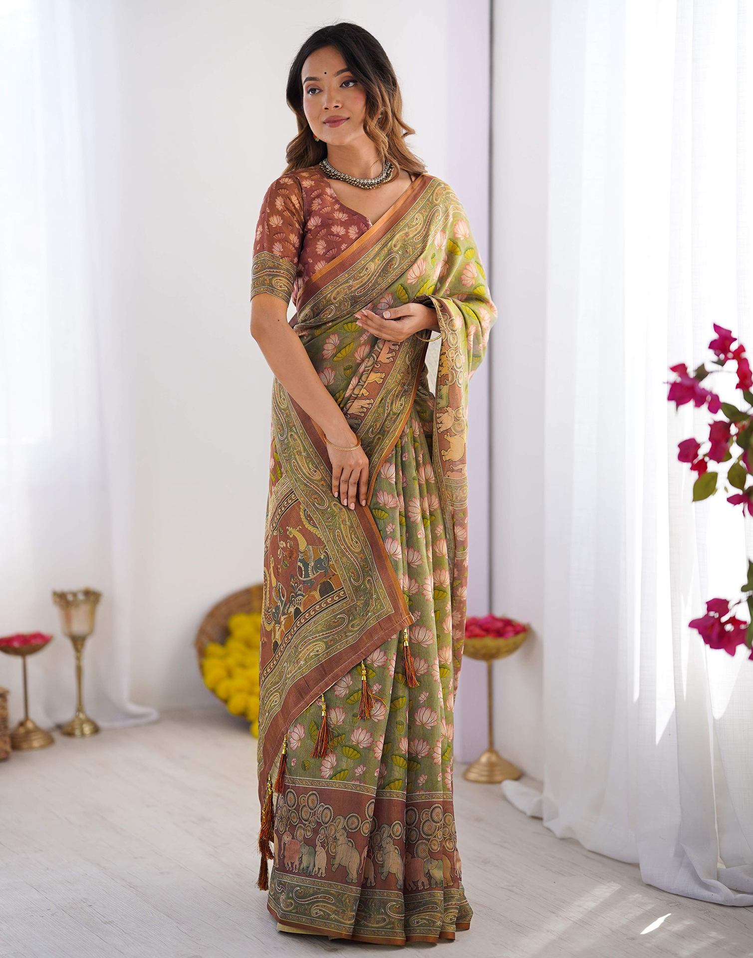 Dusty Green Linen Kalamkari Saree