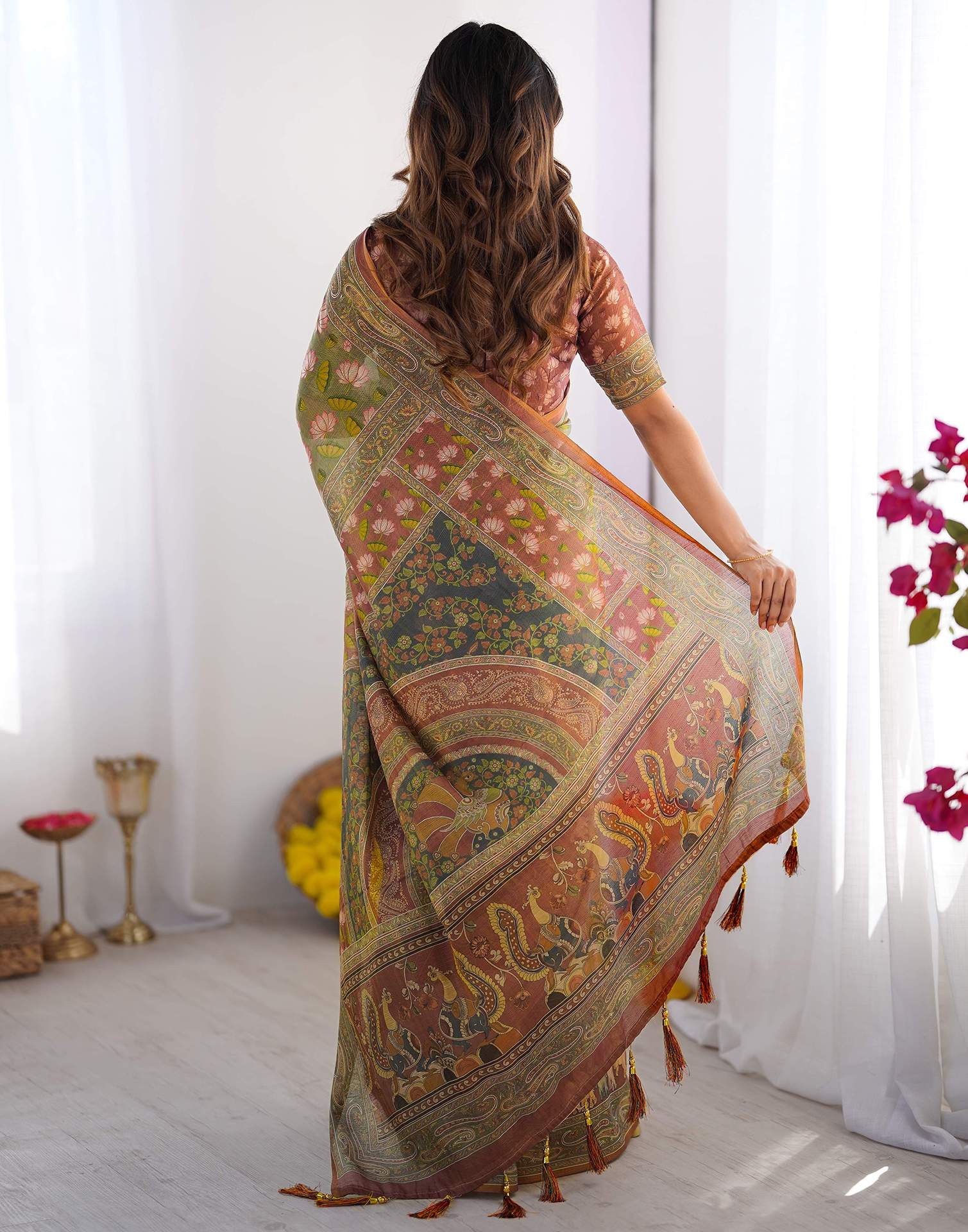 Dusty Green Linen Kalamkari Saree