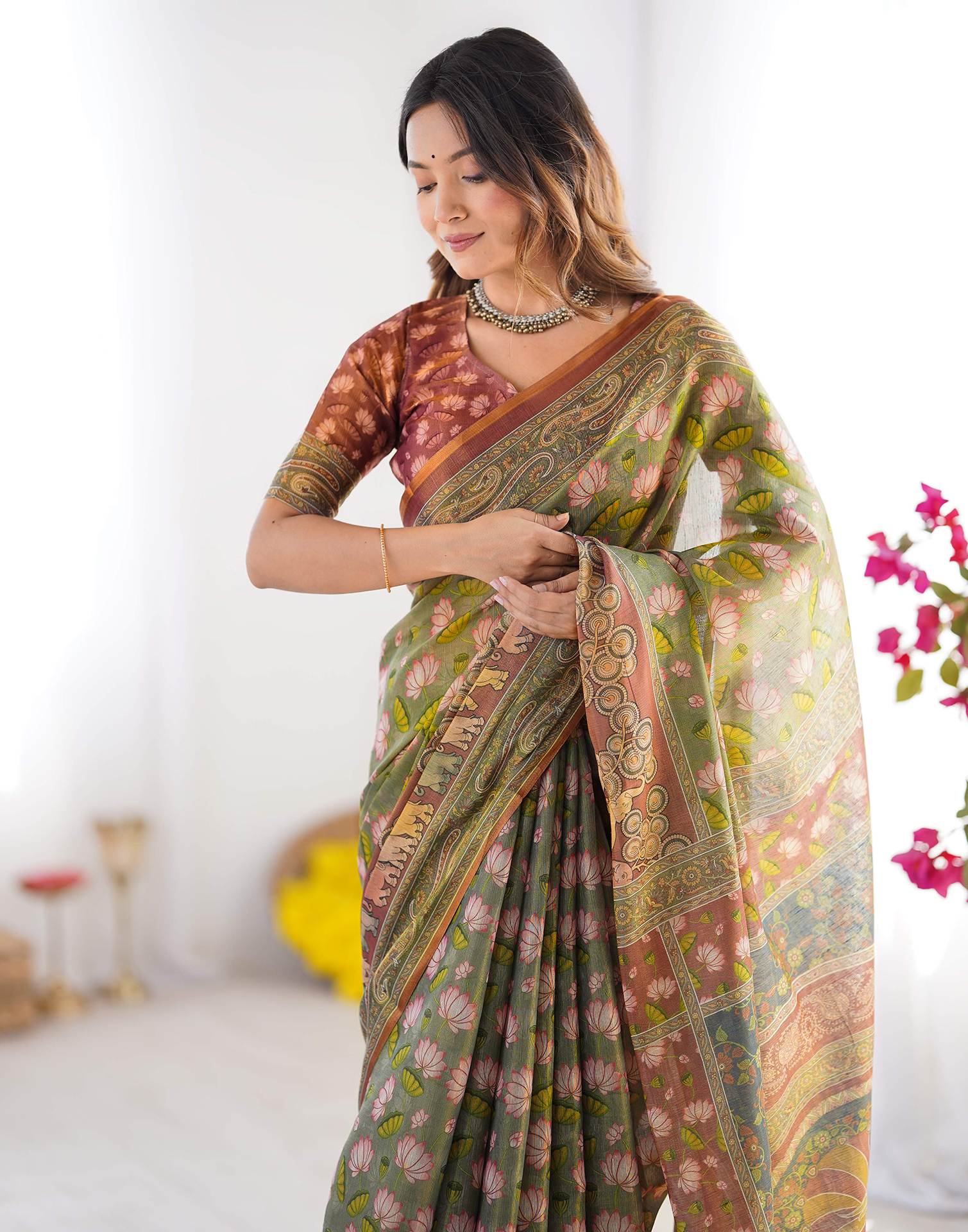 Dusty Green Linen Kalamkari Saree
