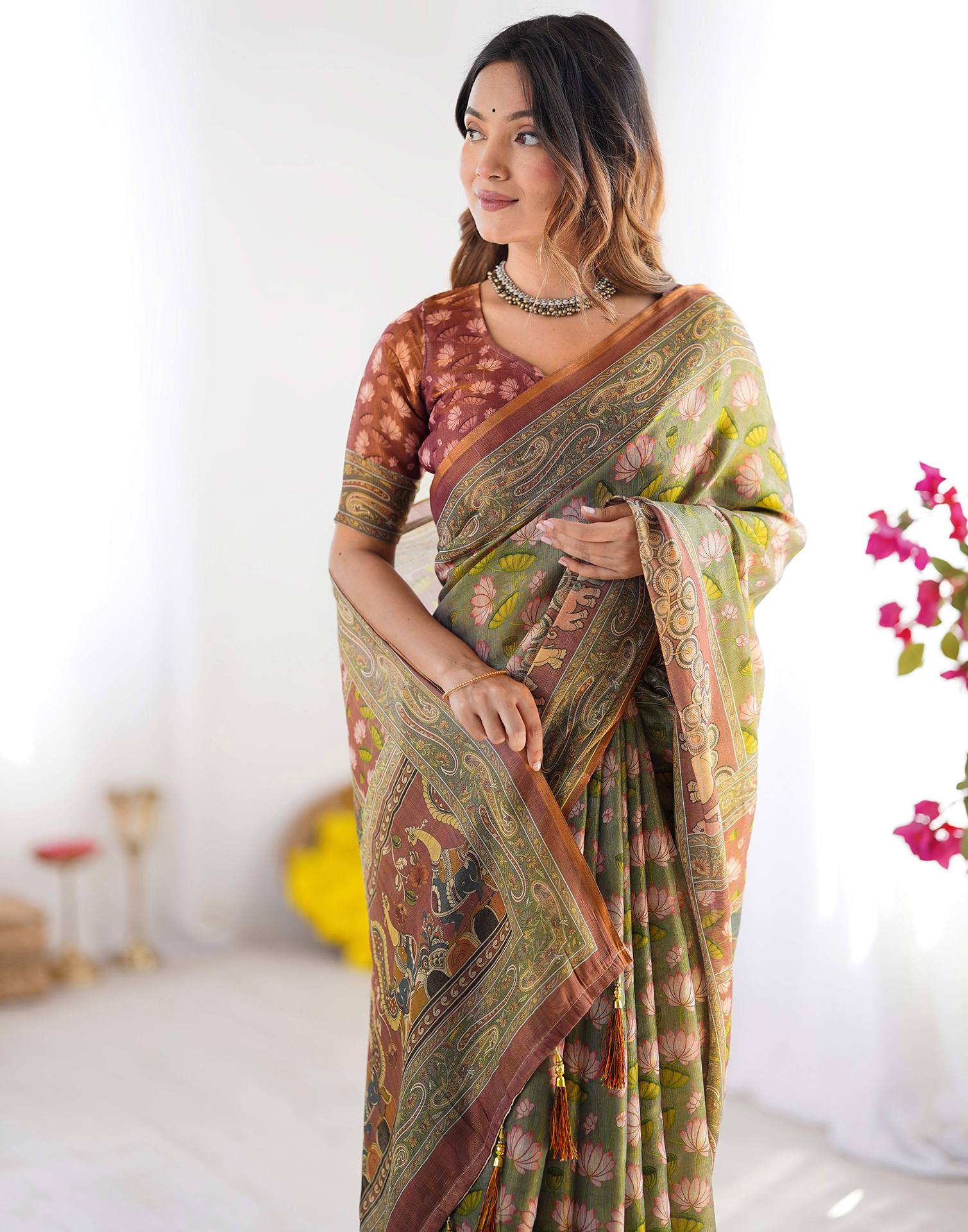 Dusty Green Linen Kalamkari Saree