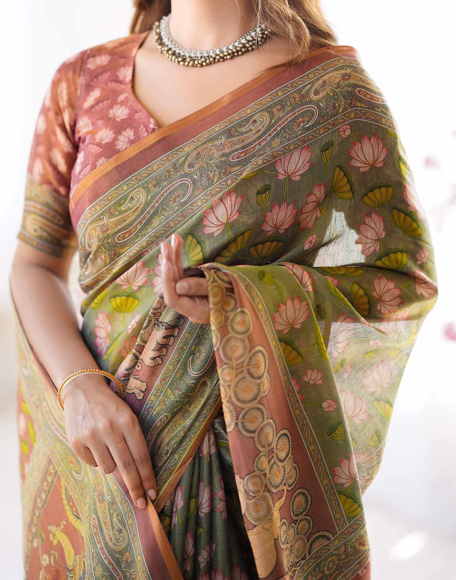 Dusty Green Linen Kalamkari Saree