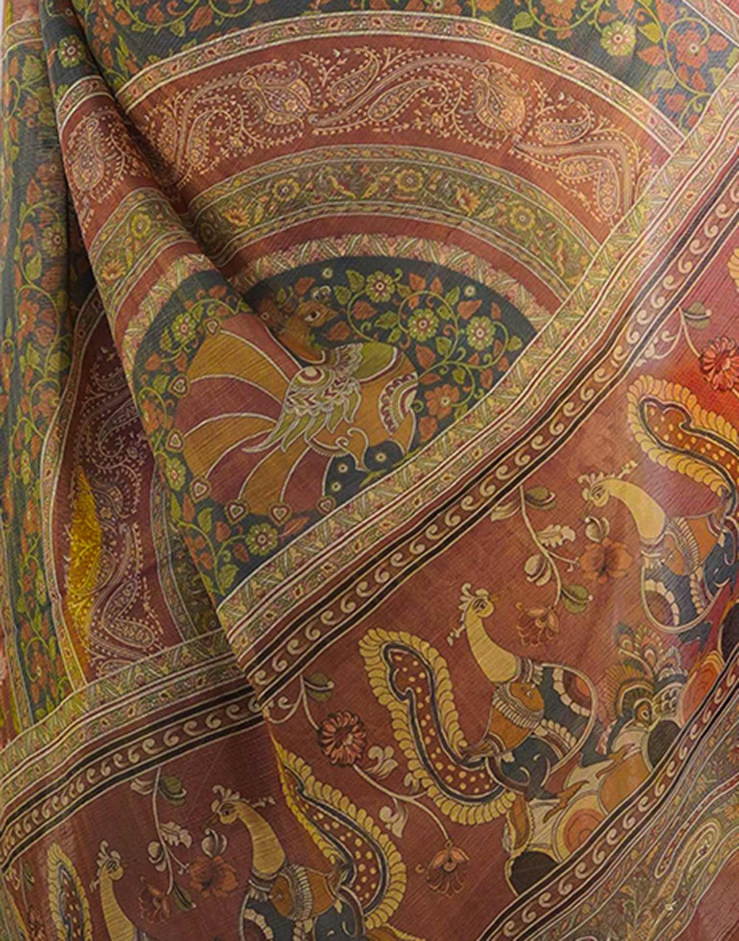 Dusty Green Linen Kalamkari Saree