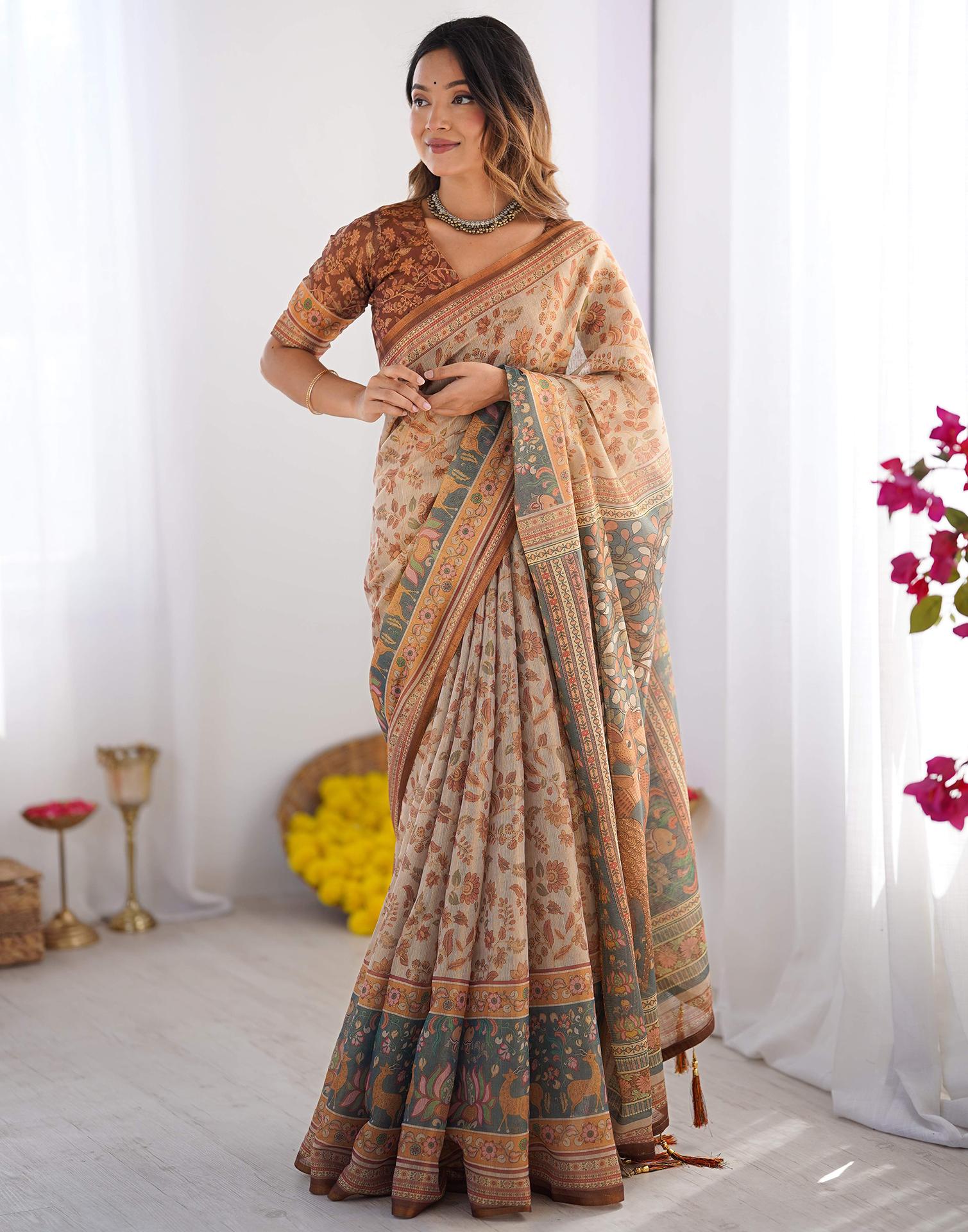 Light Grey Linen Floral Printed Saree