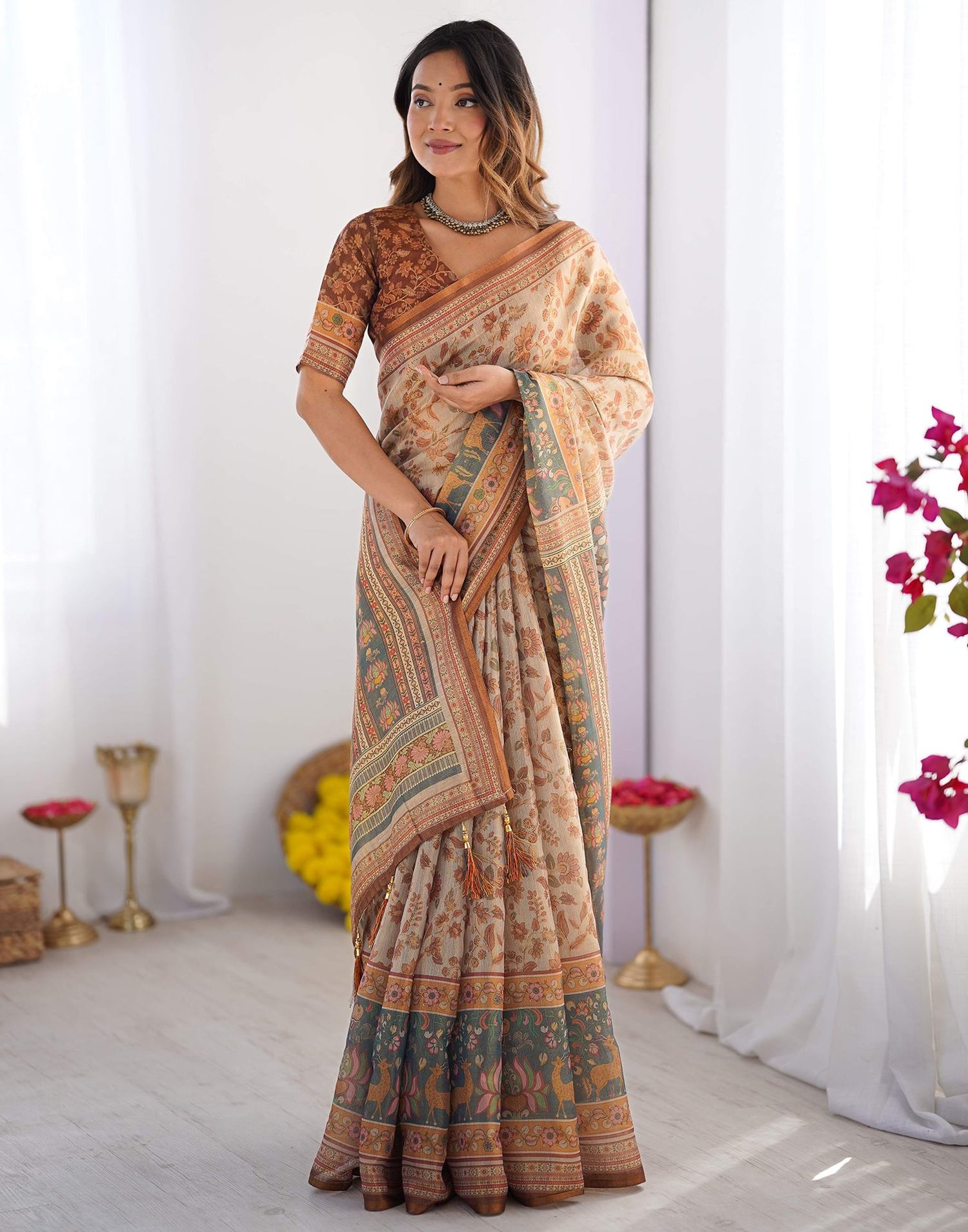 Light Grey Linen Floral Printed Saree
