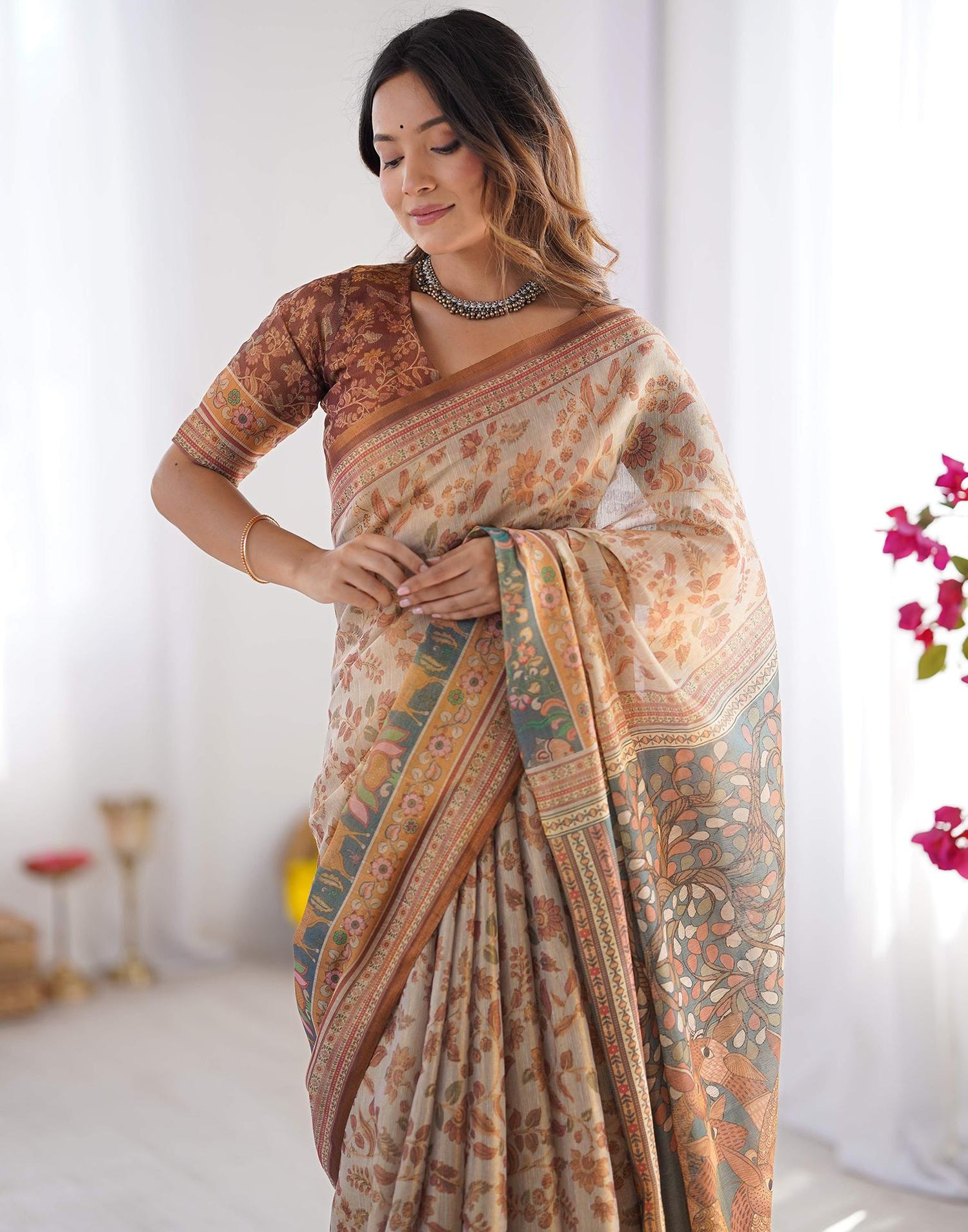 Light Grey Linen Floral Printed Saree