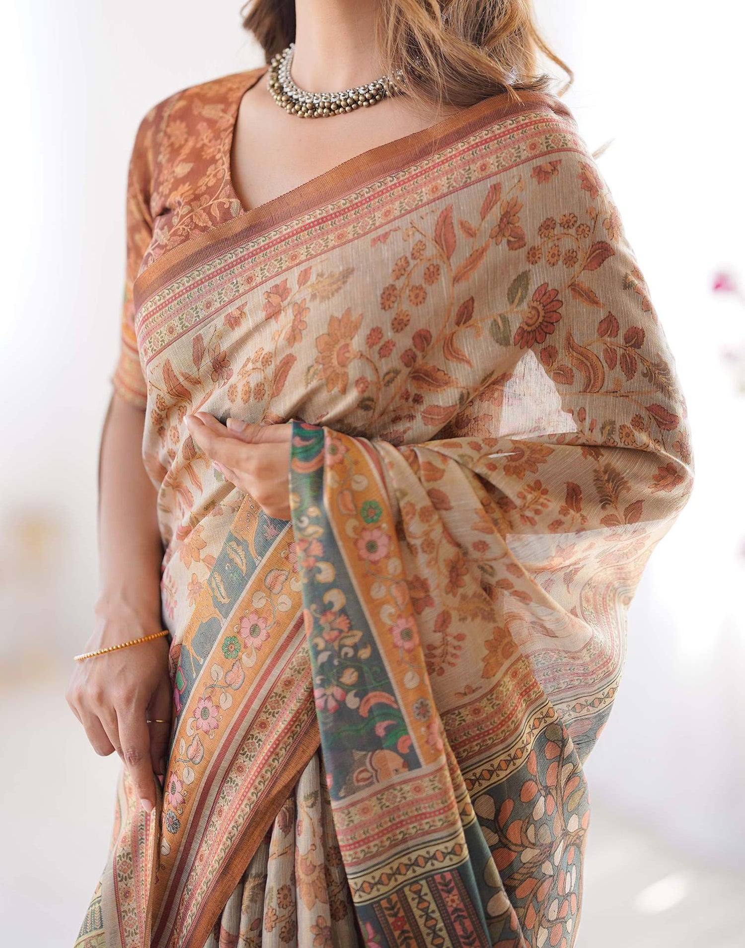 Light Grey Linen Floral Printed Saree