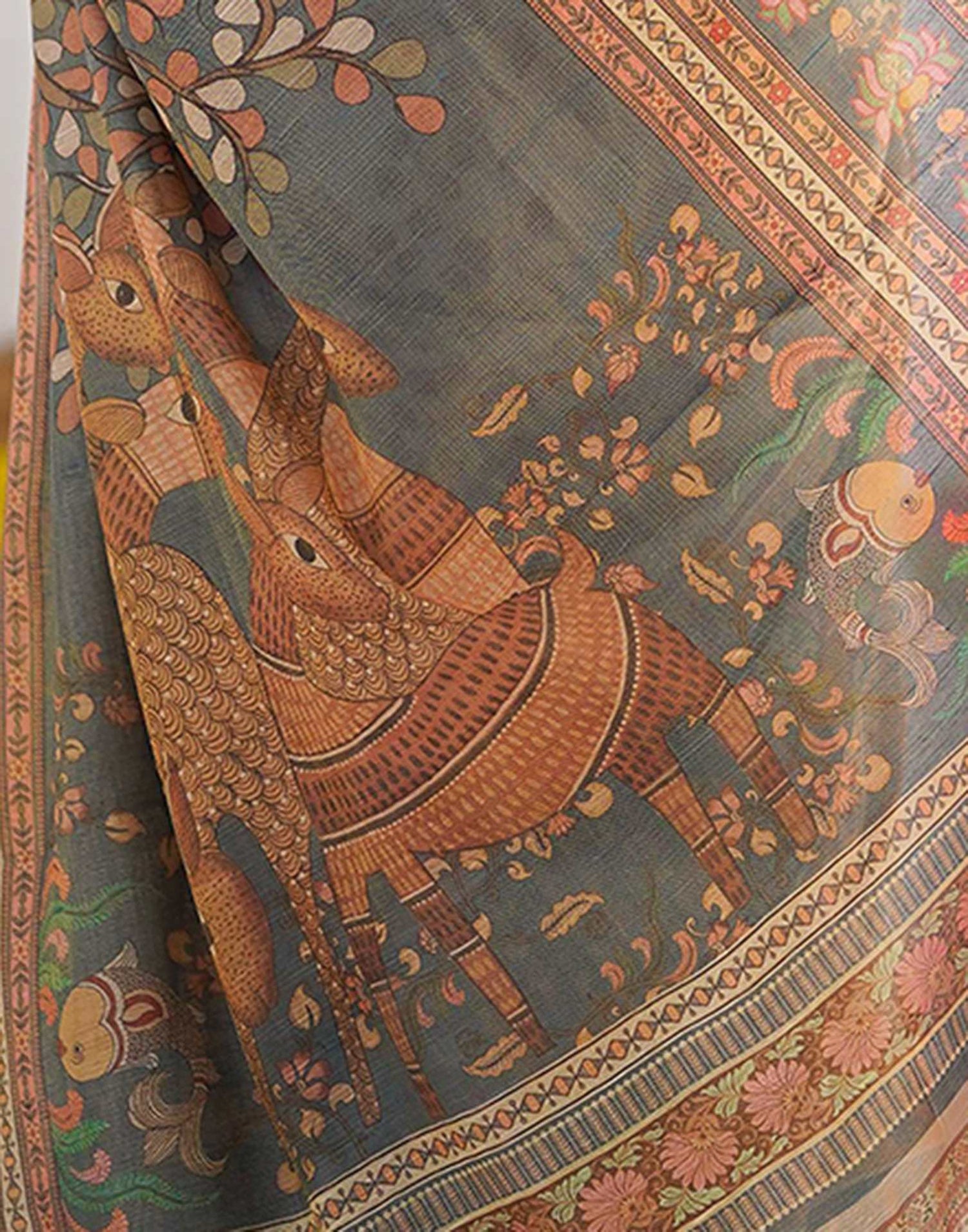 Light Grey Linen Floral Printed Saree