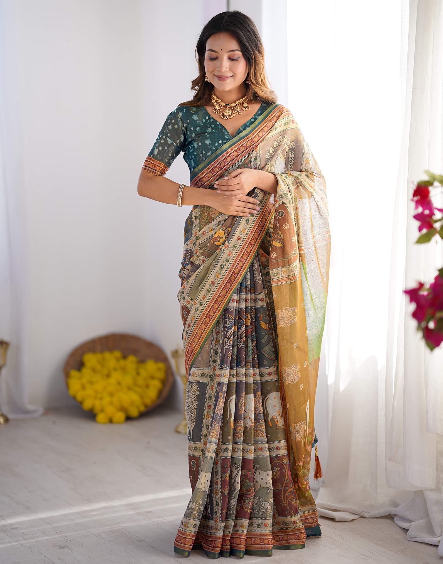 Mustard Yellow Linen Printed Saree