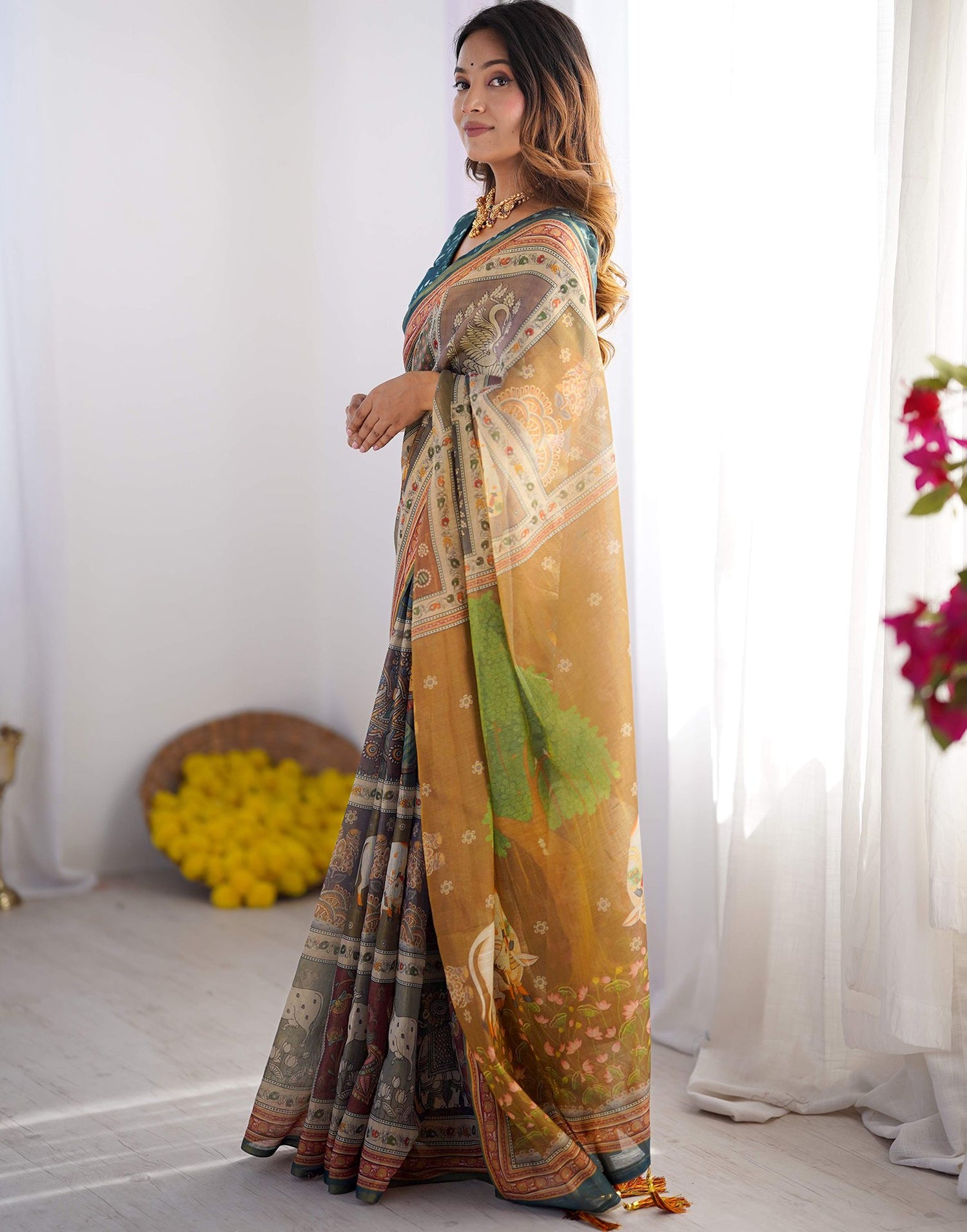 Mustard Yellow Linen Printed Saree