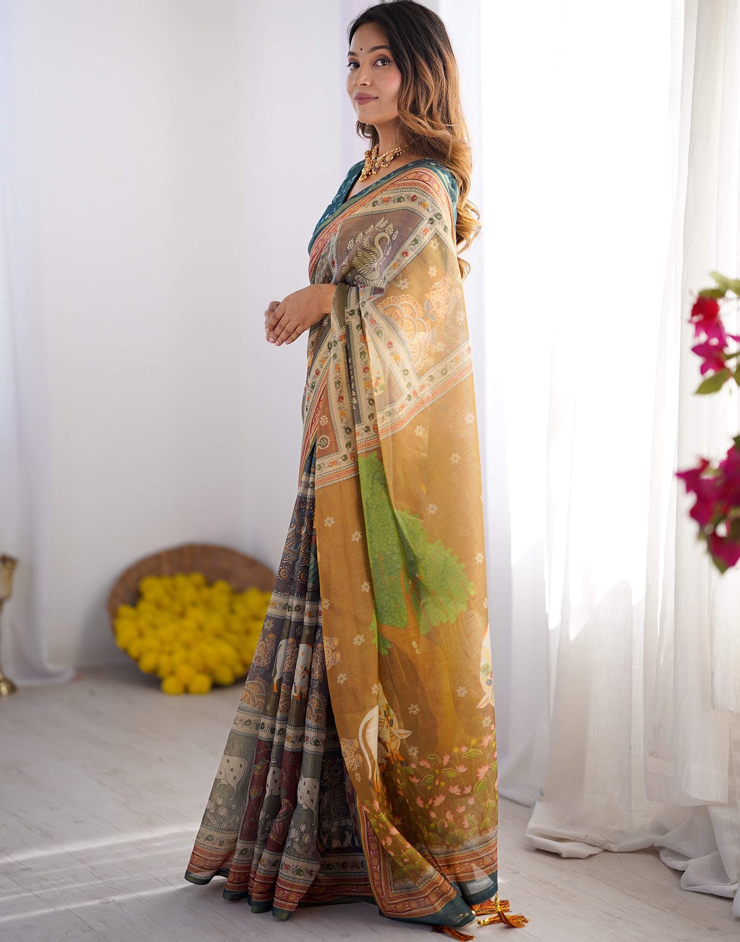 Brown Linen Printed Saree