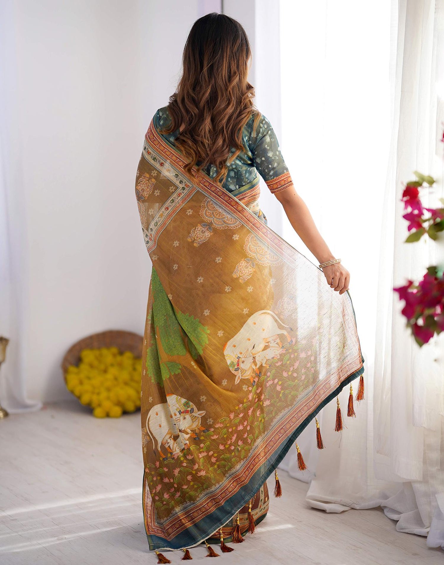 Mustard Yellow Linen Printed Saree