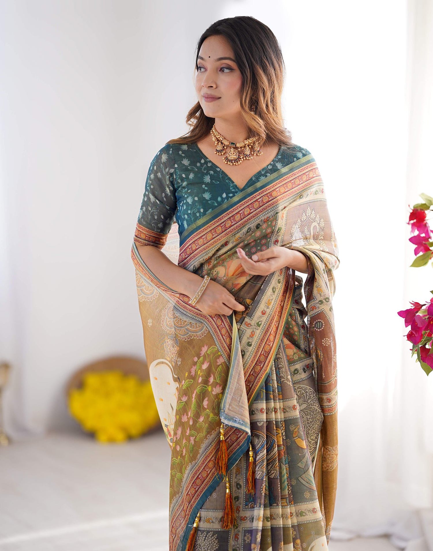 Mustard Yellow Linen Printed Saree