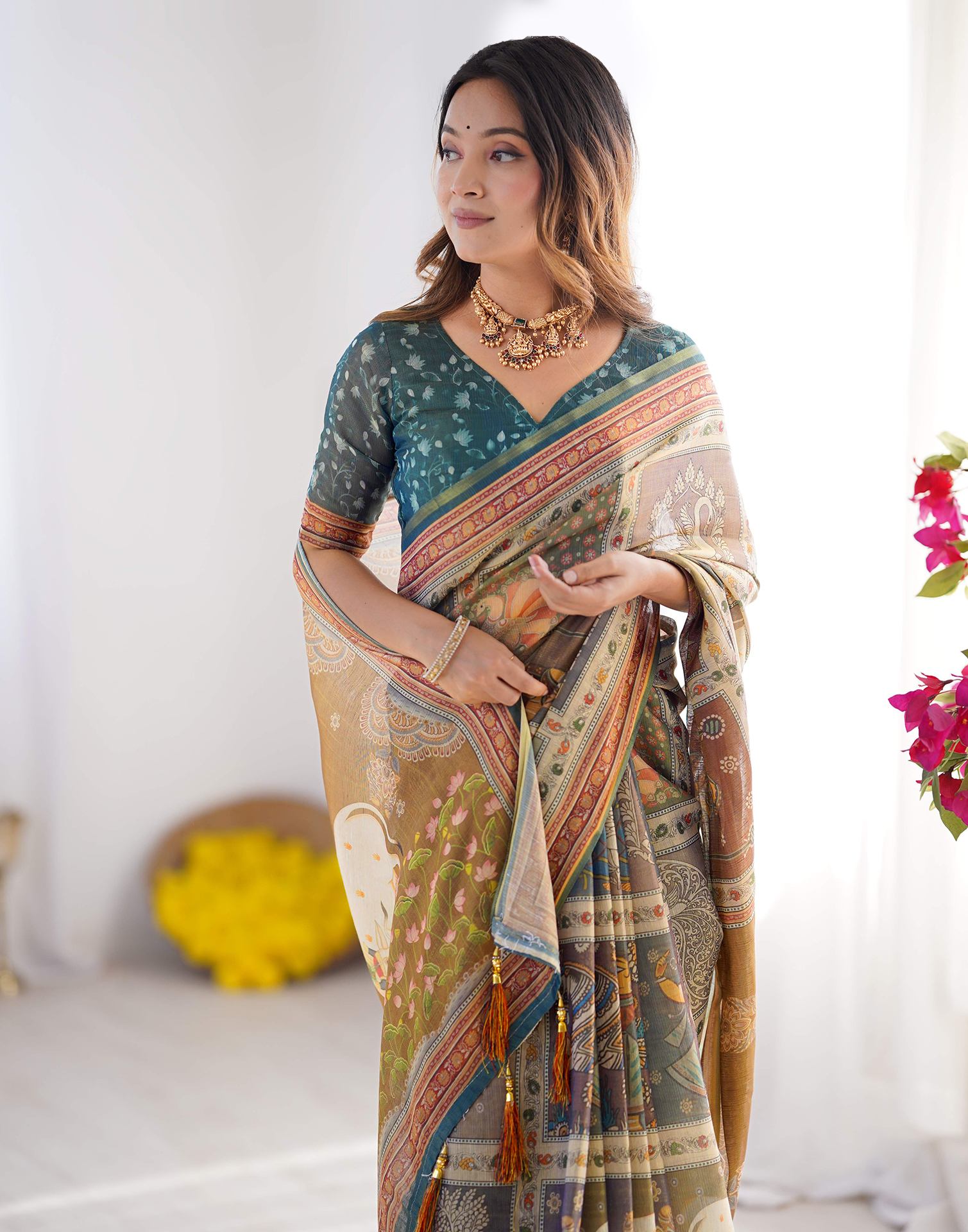 Brown Linen Printed Saree