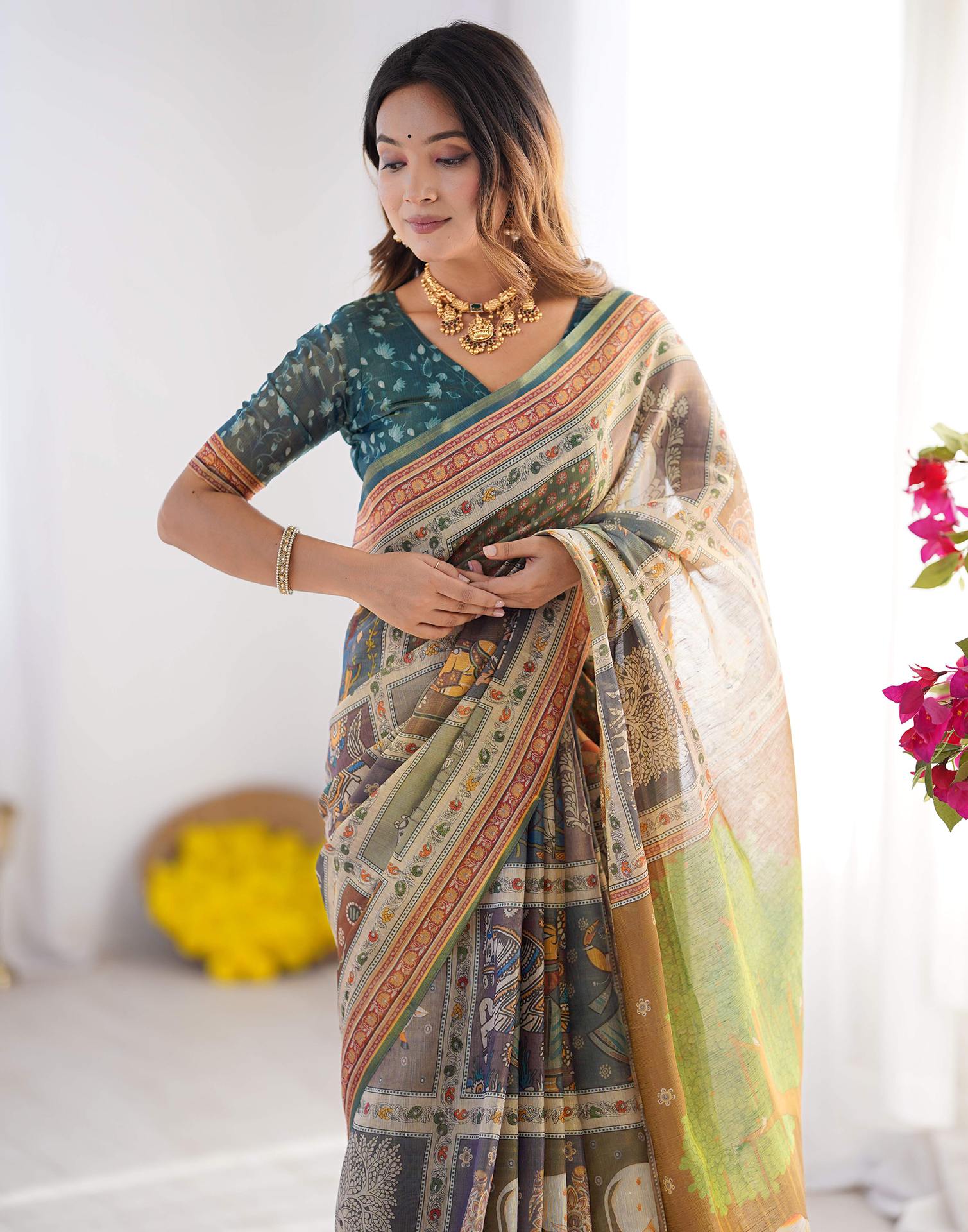 Mustard Yellow Linen Printed Saree