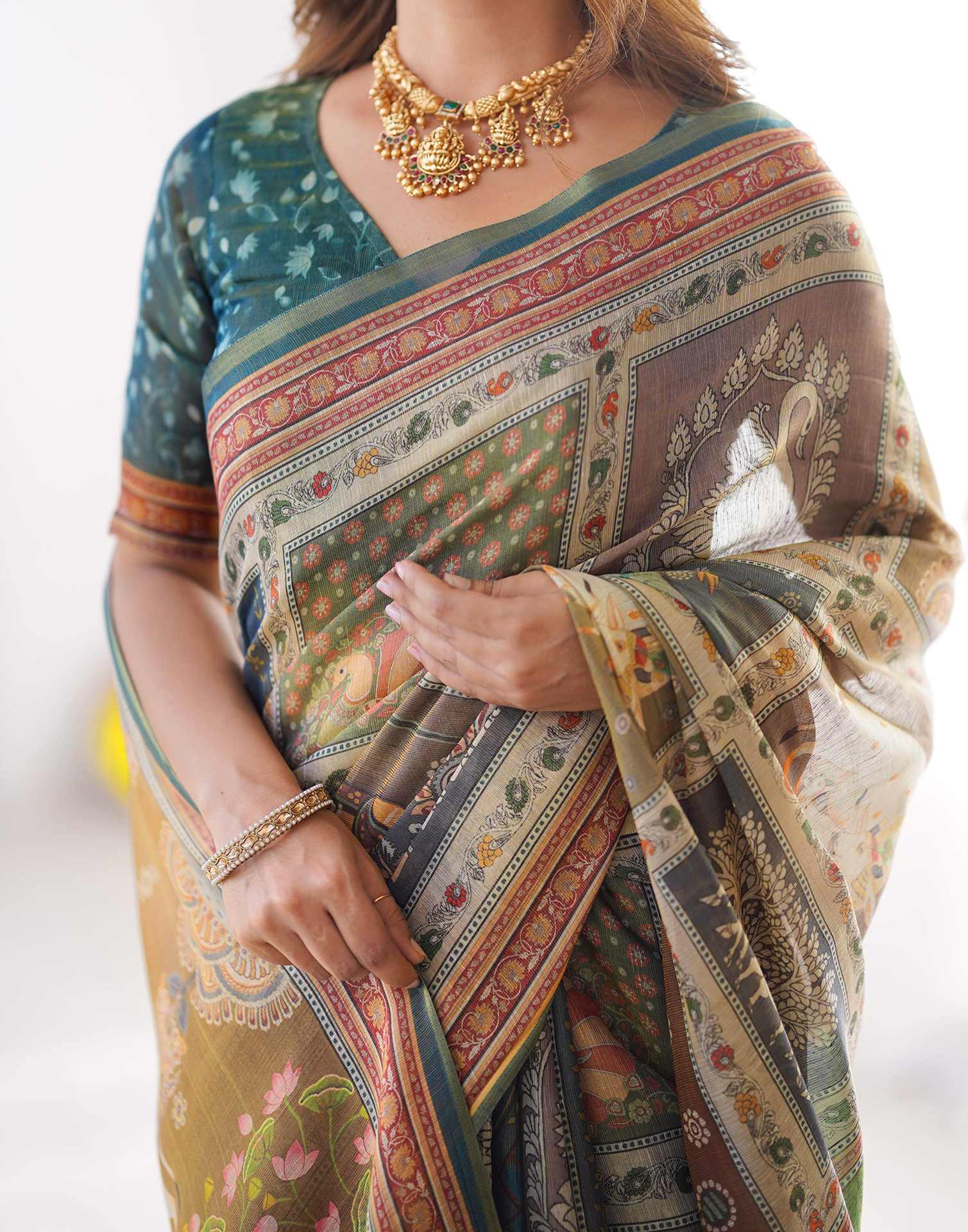 Mustard Yellow Linen Printed Saree