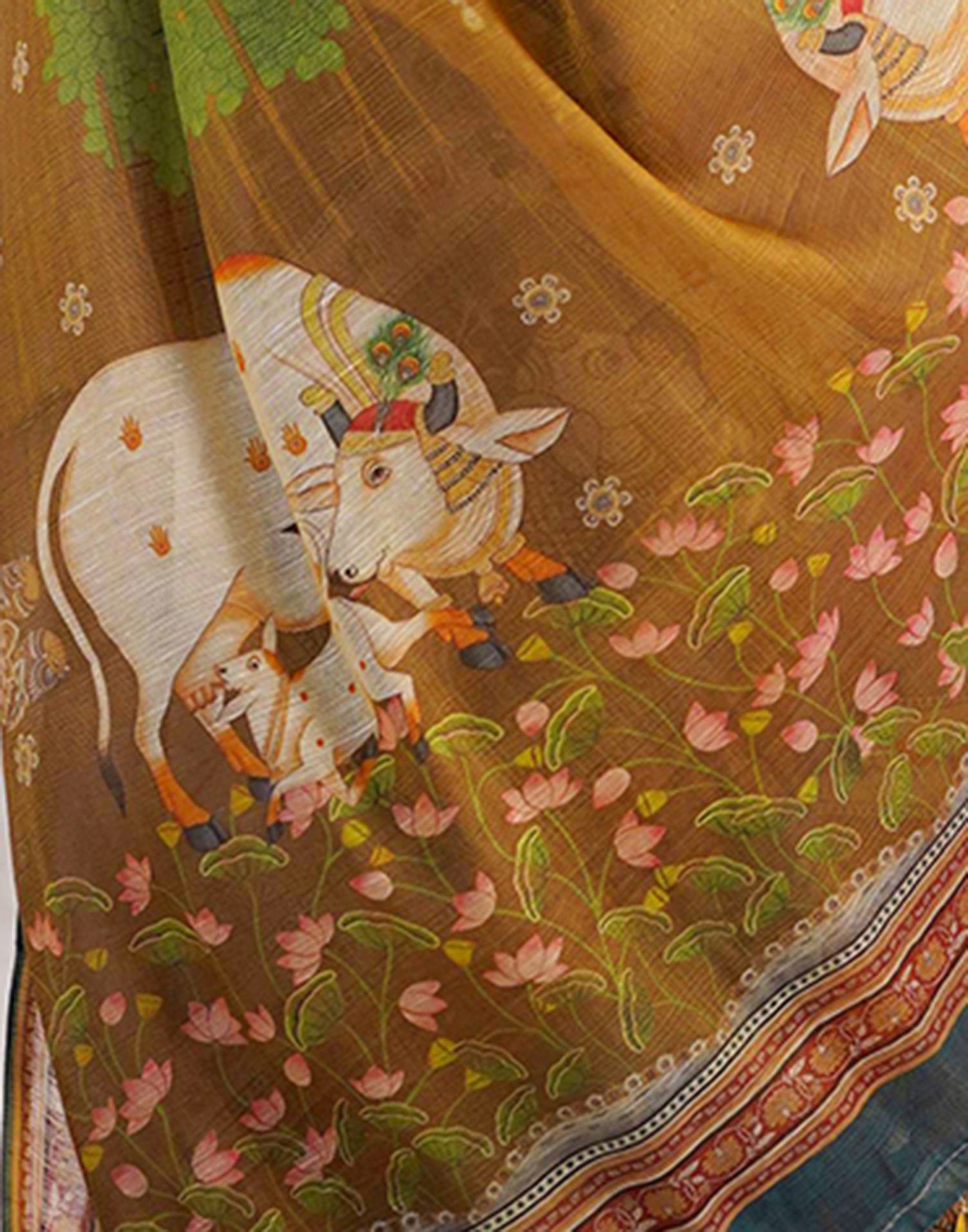 Mustard Yellow Linen Printed Saree