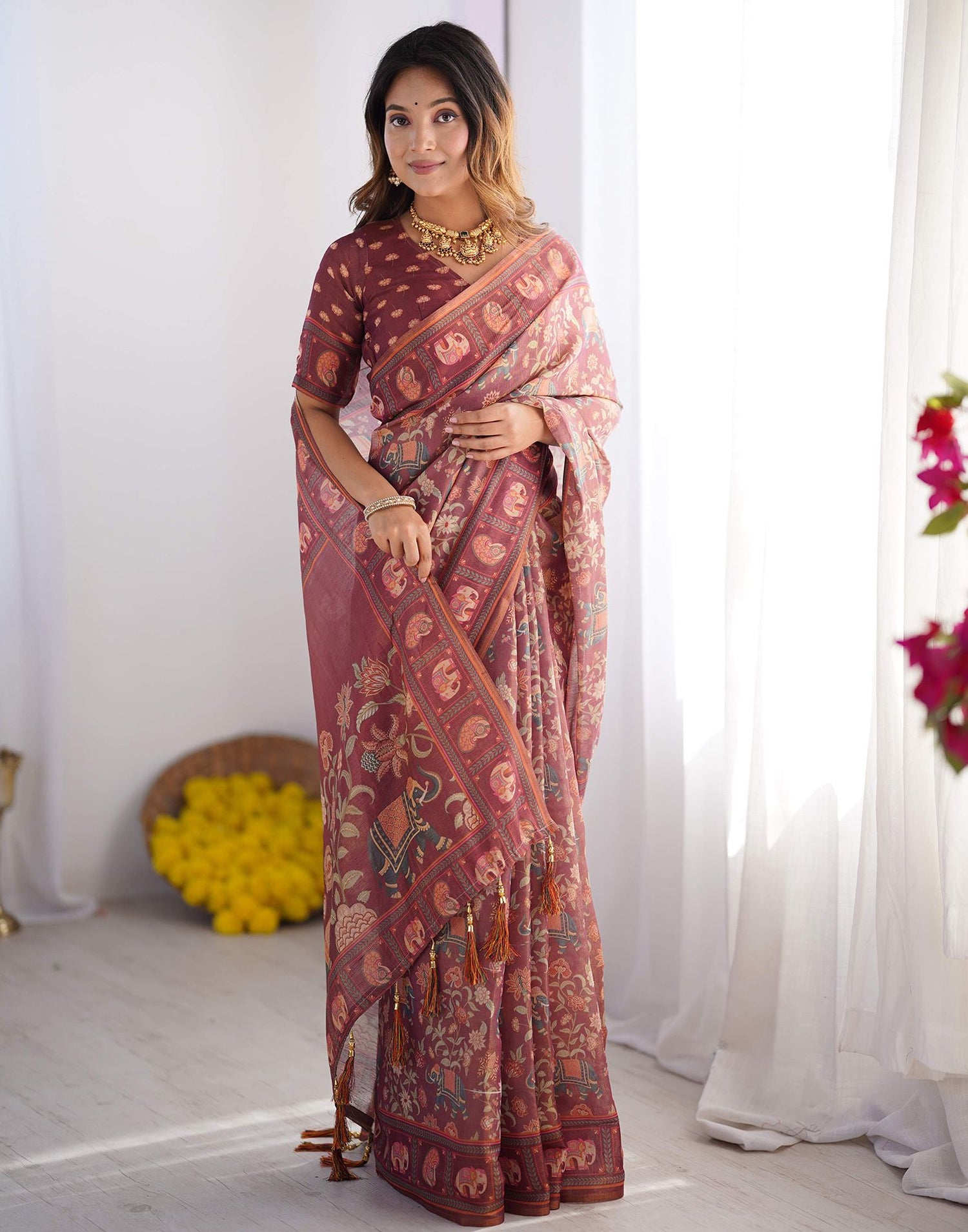 Dusty Wine Linen Floral Printed Saree
