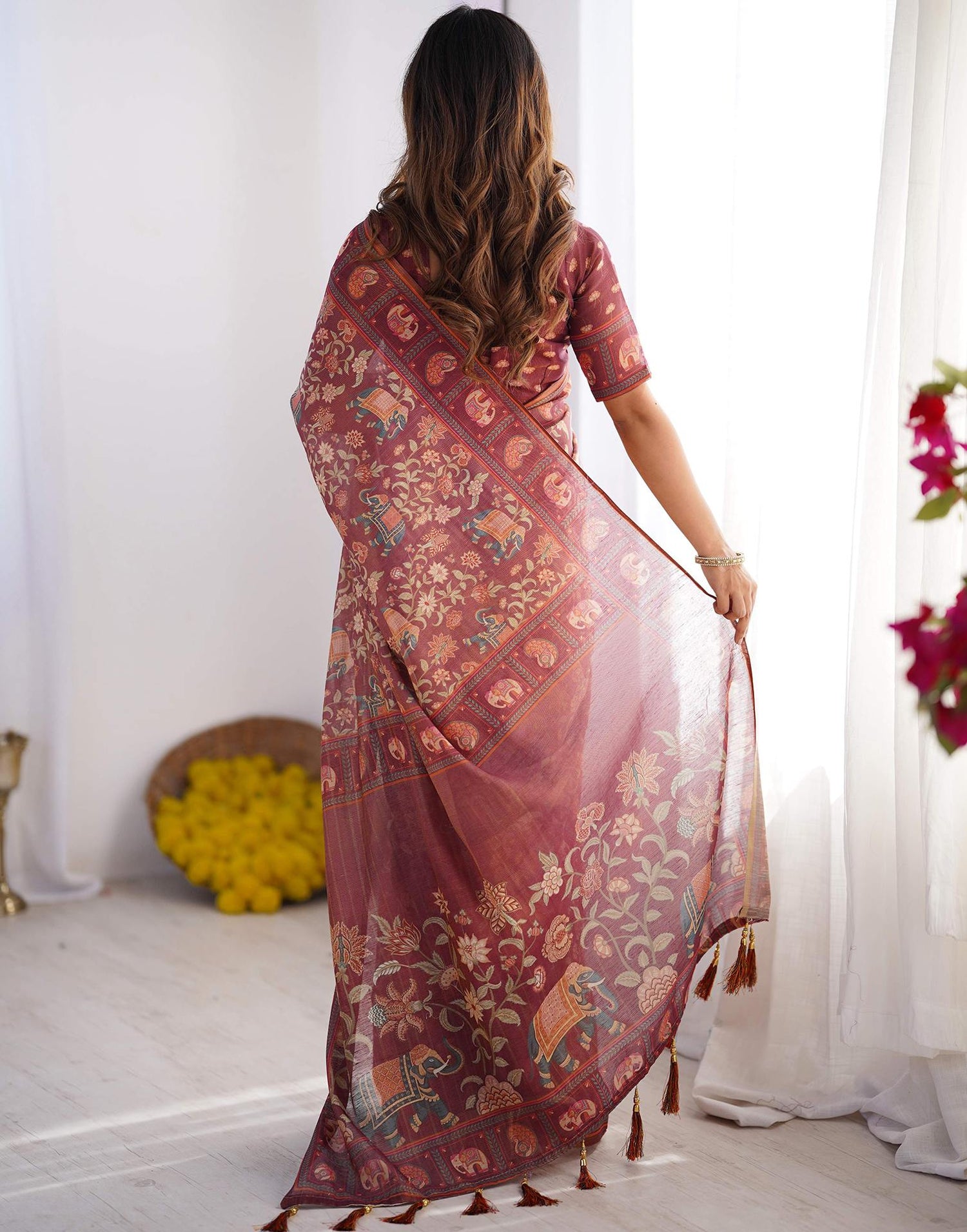 Dusty Wine Linen Floral Printed Saree