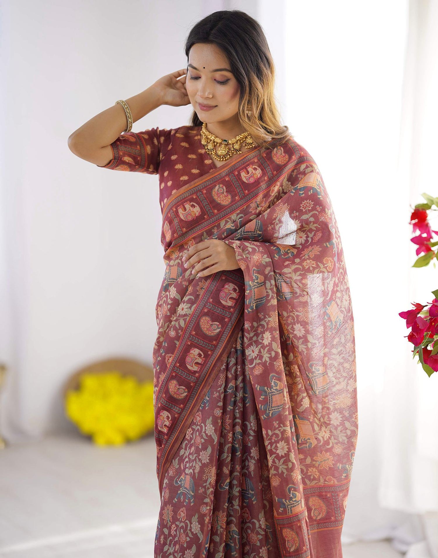 Dusty Wine Linen Floral Printed Saree