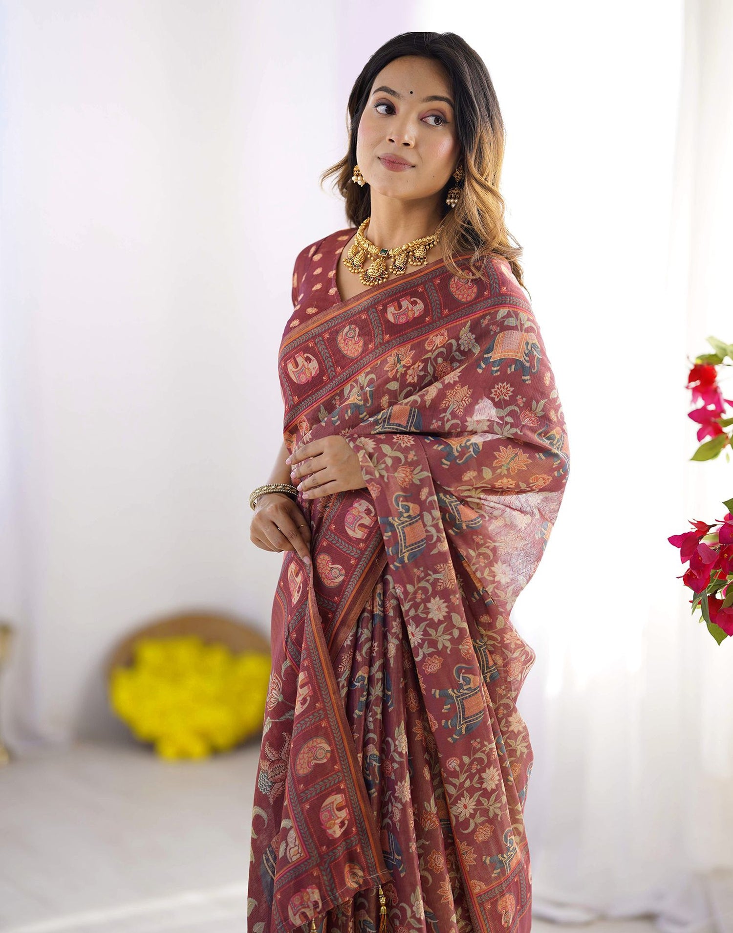 Dusty Wine Linen Floral Printed Saree