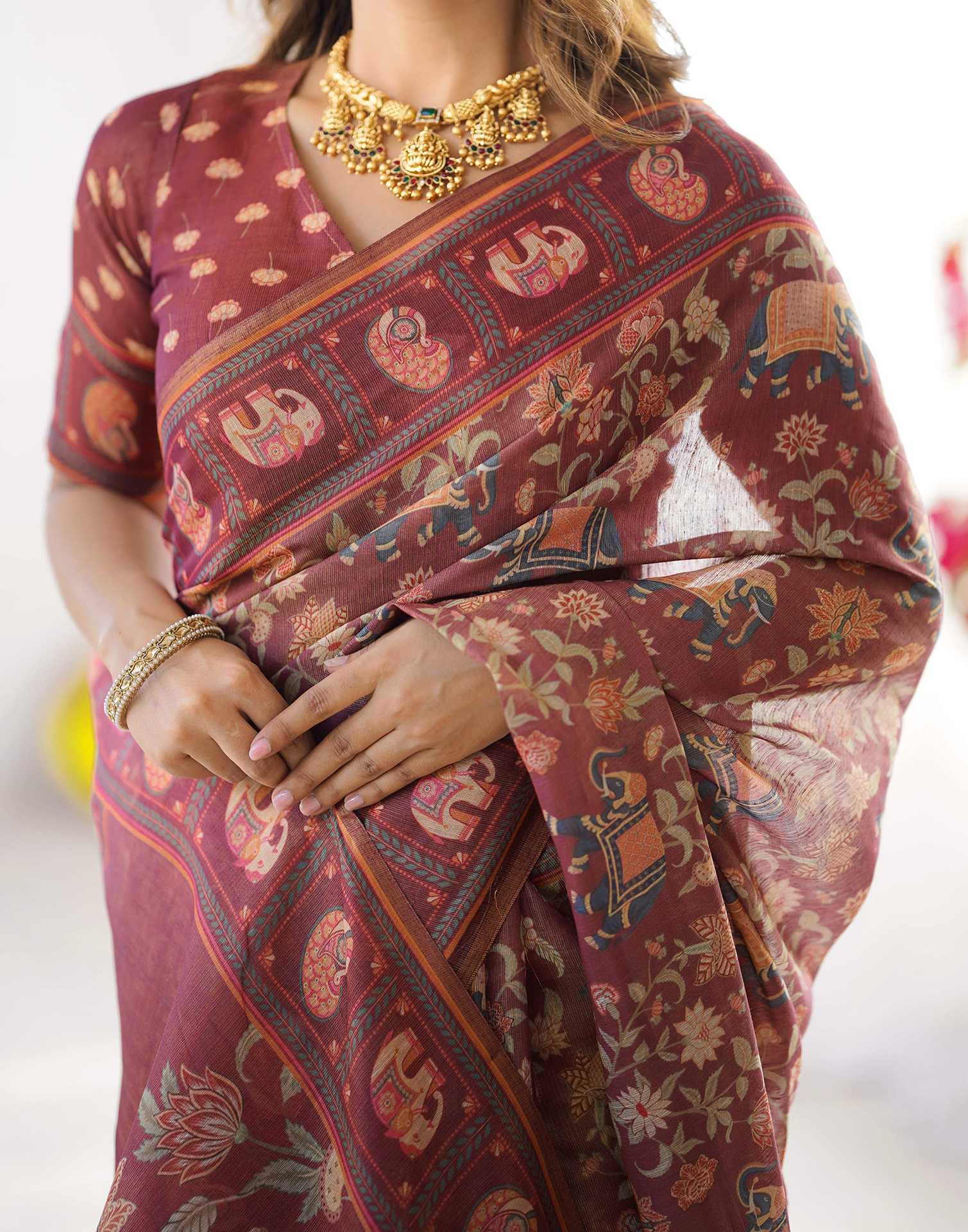 Dusty Wine Linen Floral Printed Saree