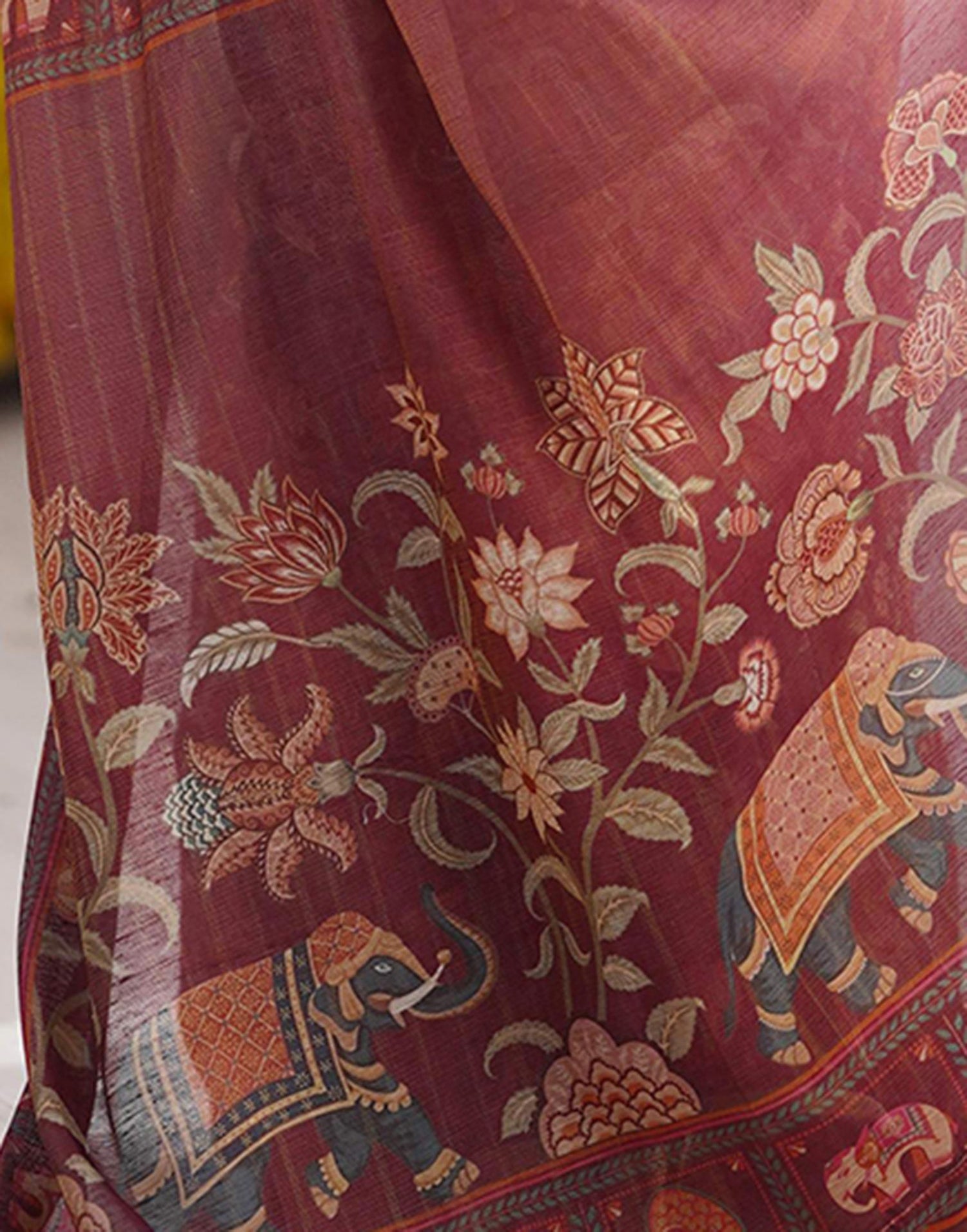 Dusty Wine Linen Floral Printed Saree