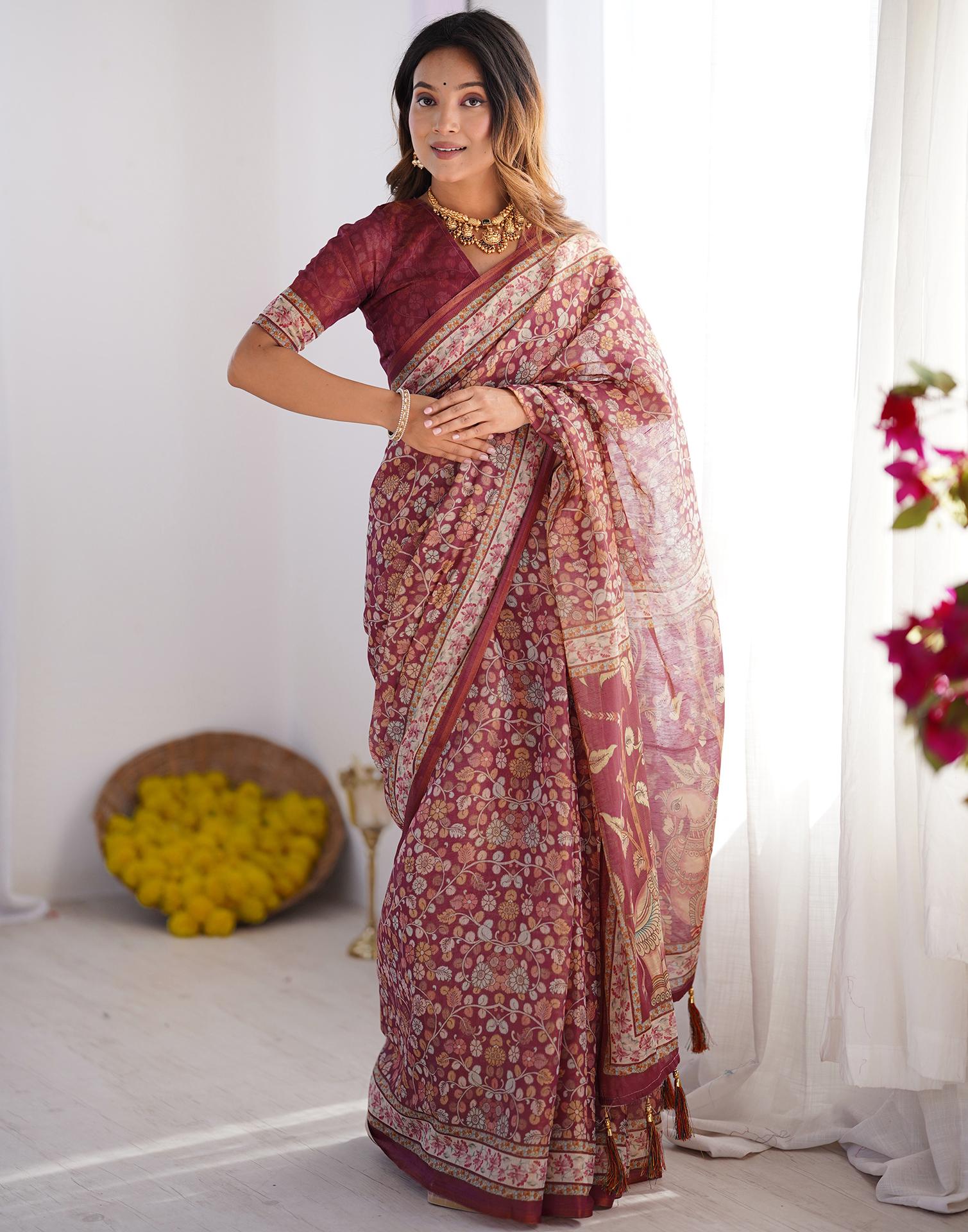 Dusty Wine Linen Kalamkari Saree