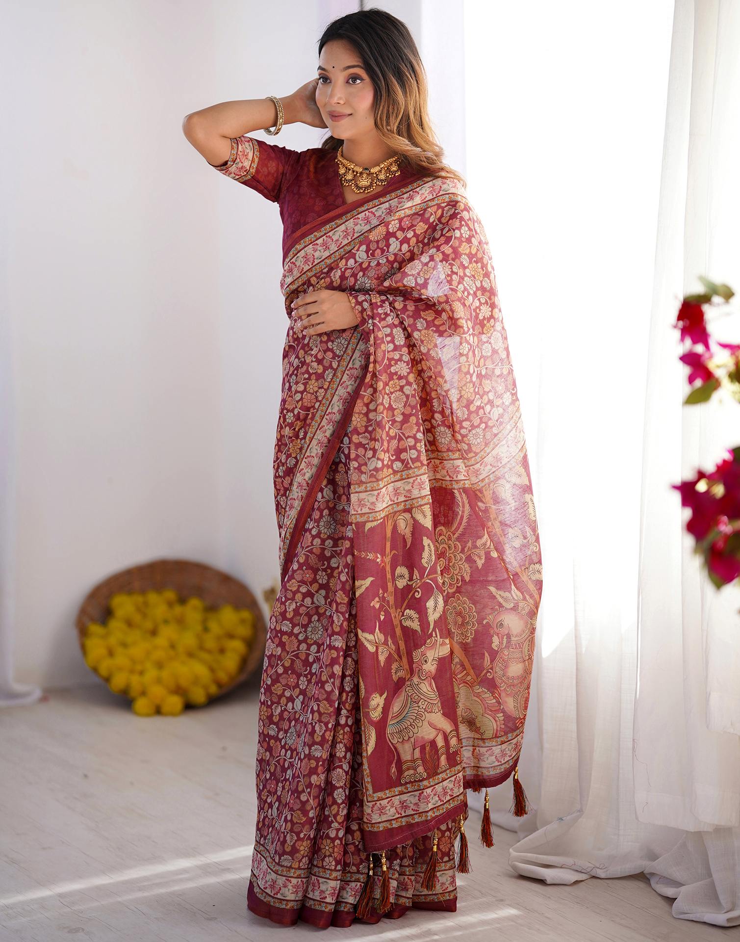 Dusty Wine Linen Kalamkari Saree