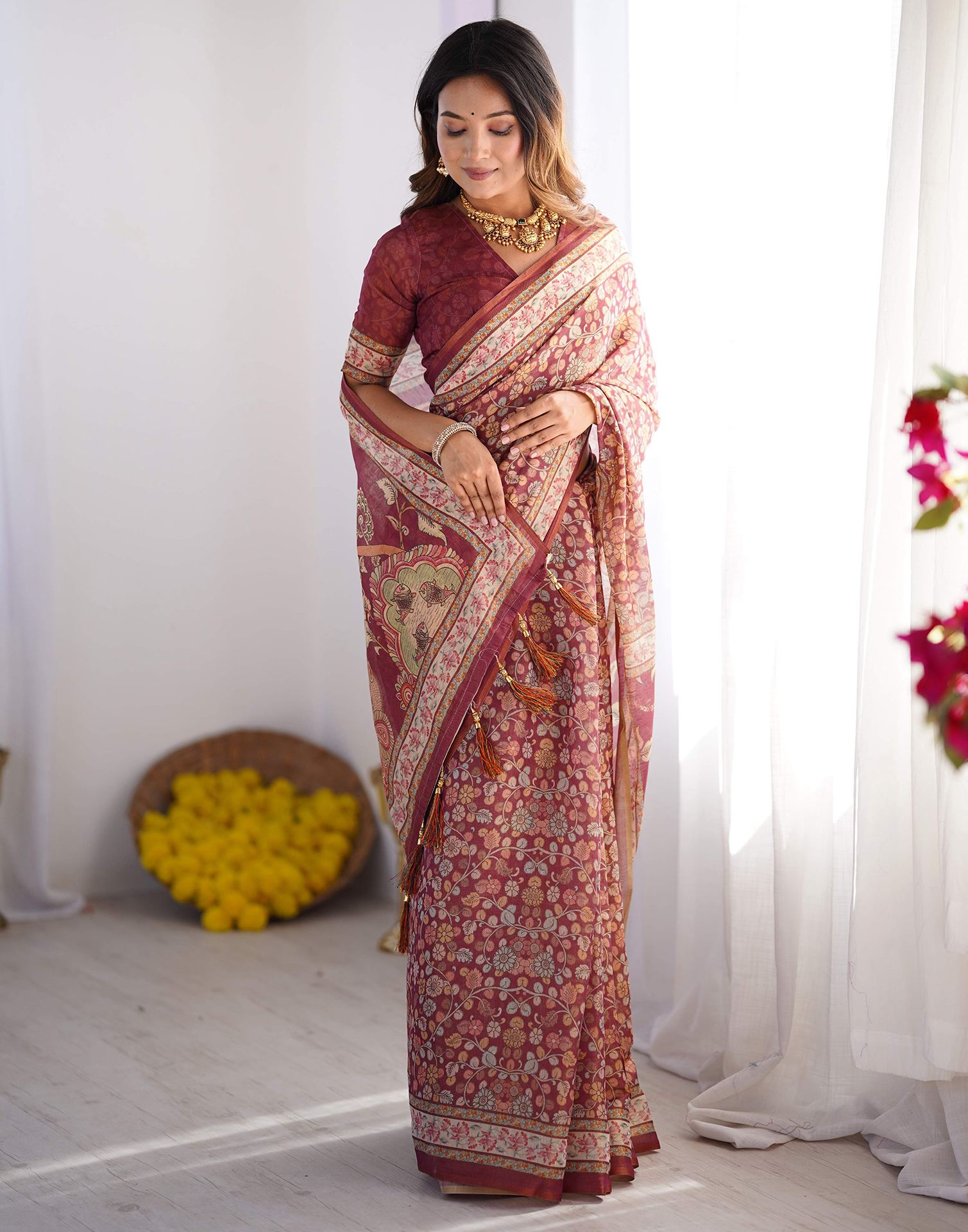 Dusty Wine Linen Kalamkari Saree