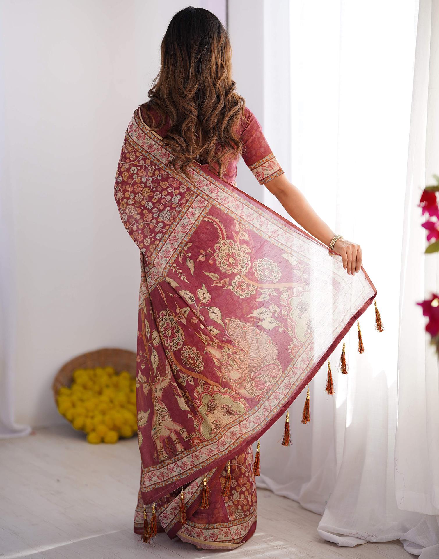 Dusty Wine Linen Kalamkari Saree