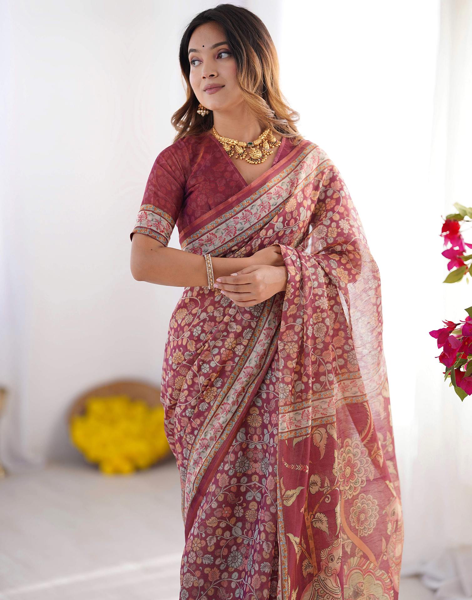 Dusty Wine Linen Kalamkari Saree