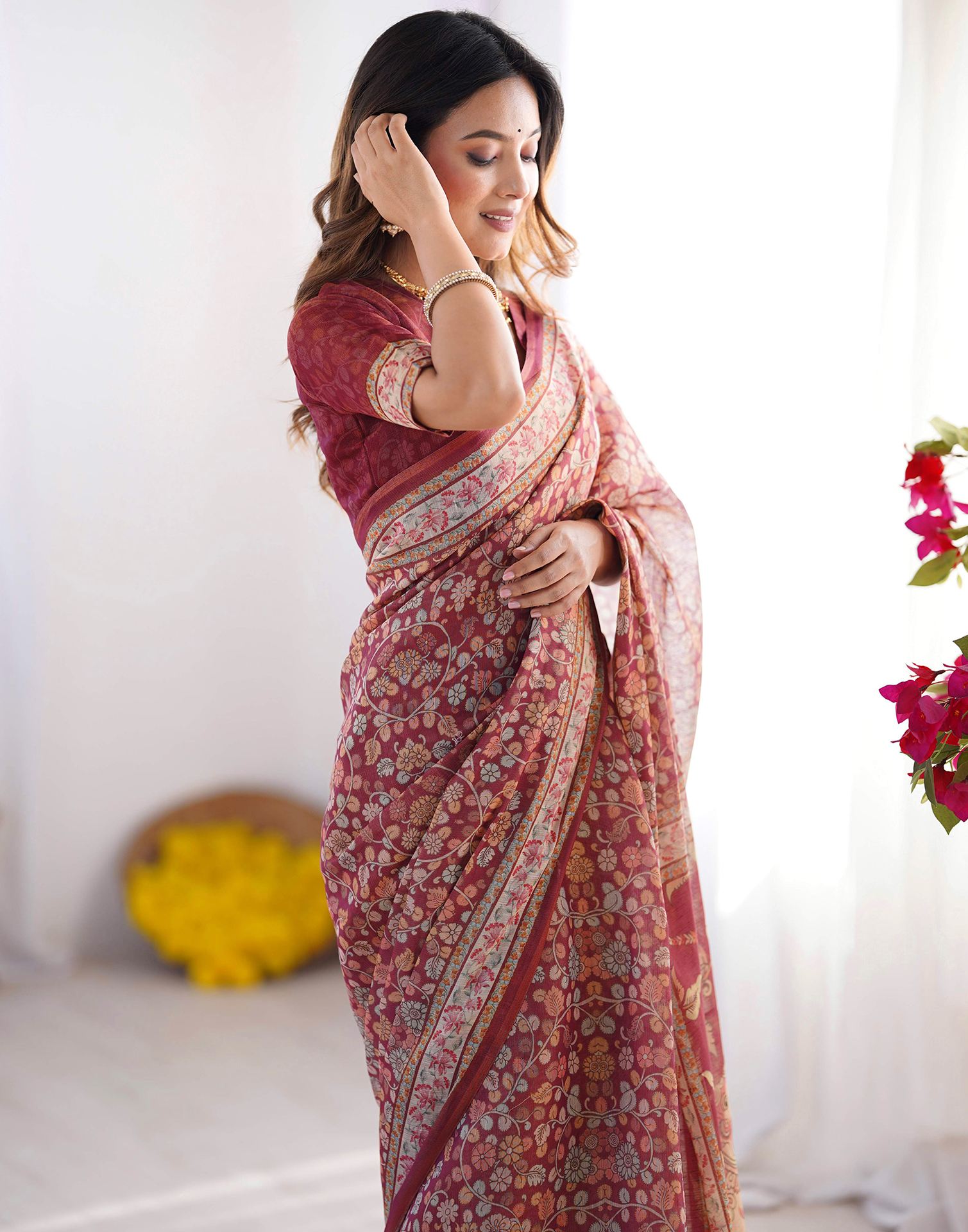 Dusty Wine Linen Kalamkari Saree