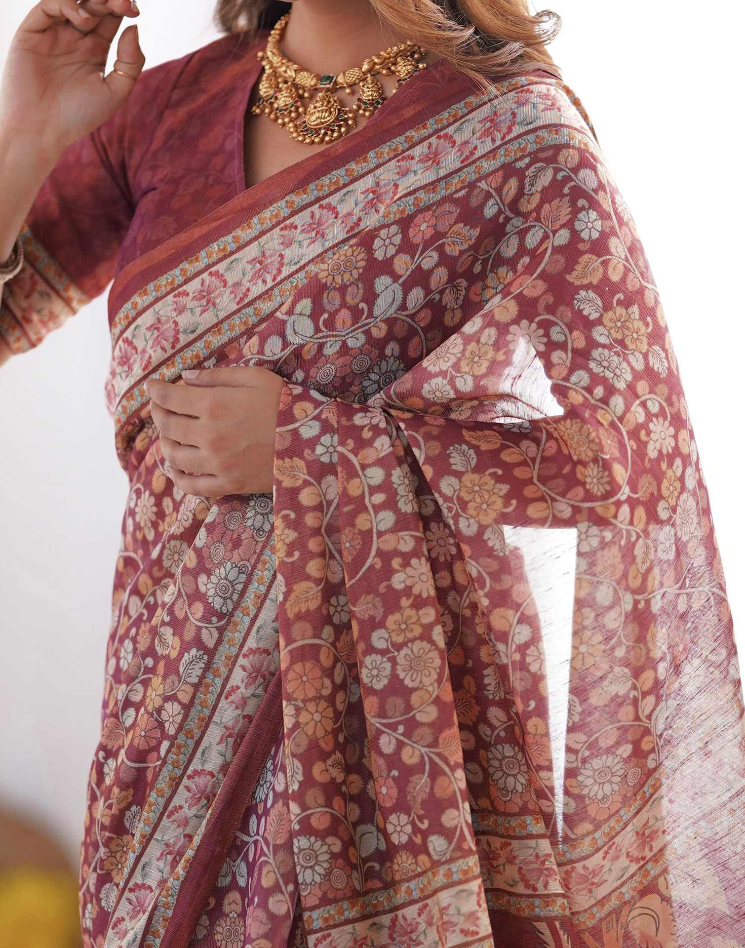 Dusty Wine Linen Kalamkari Saree