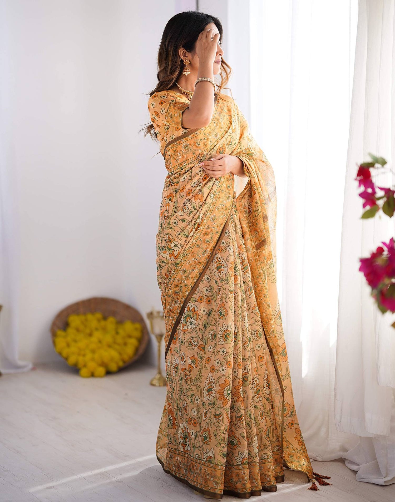 Beige Linen Kalamkari Saree