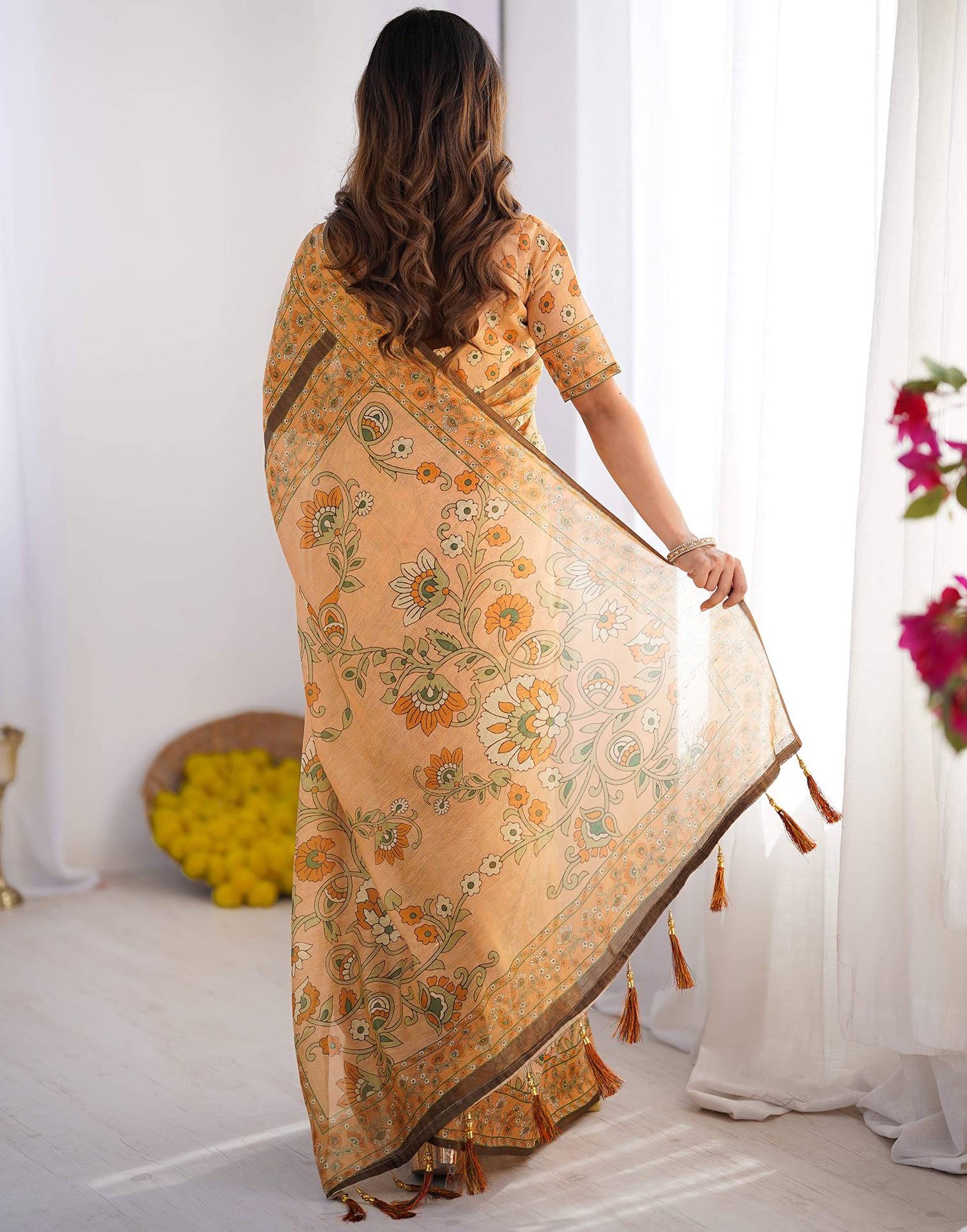 Beige Linen Kalamkari Saree