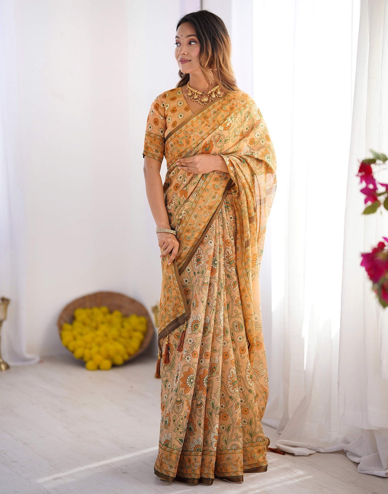 Beige Linen Kalamkari Saree