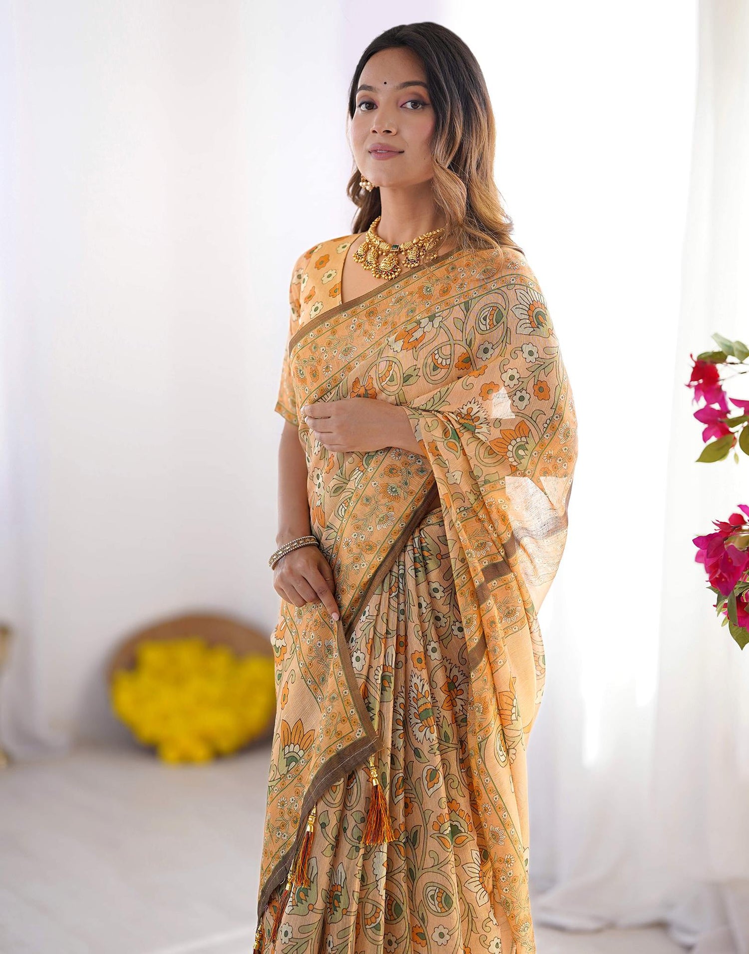 Beige Linen Kalamkari Saree