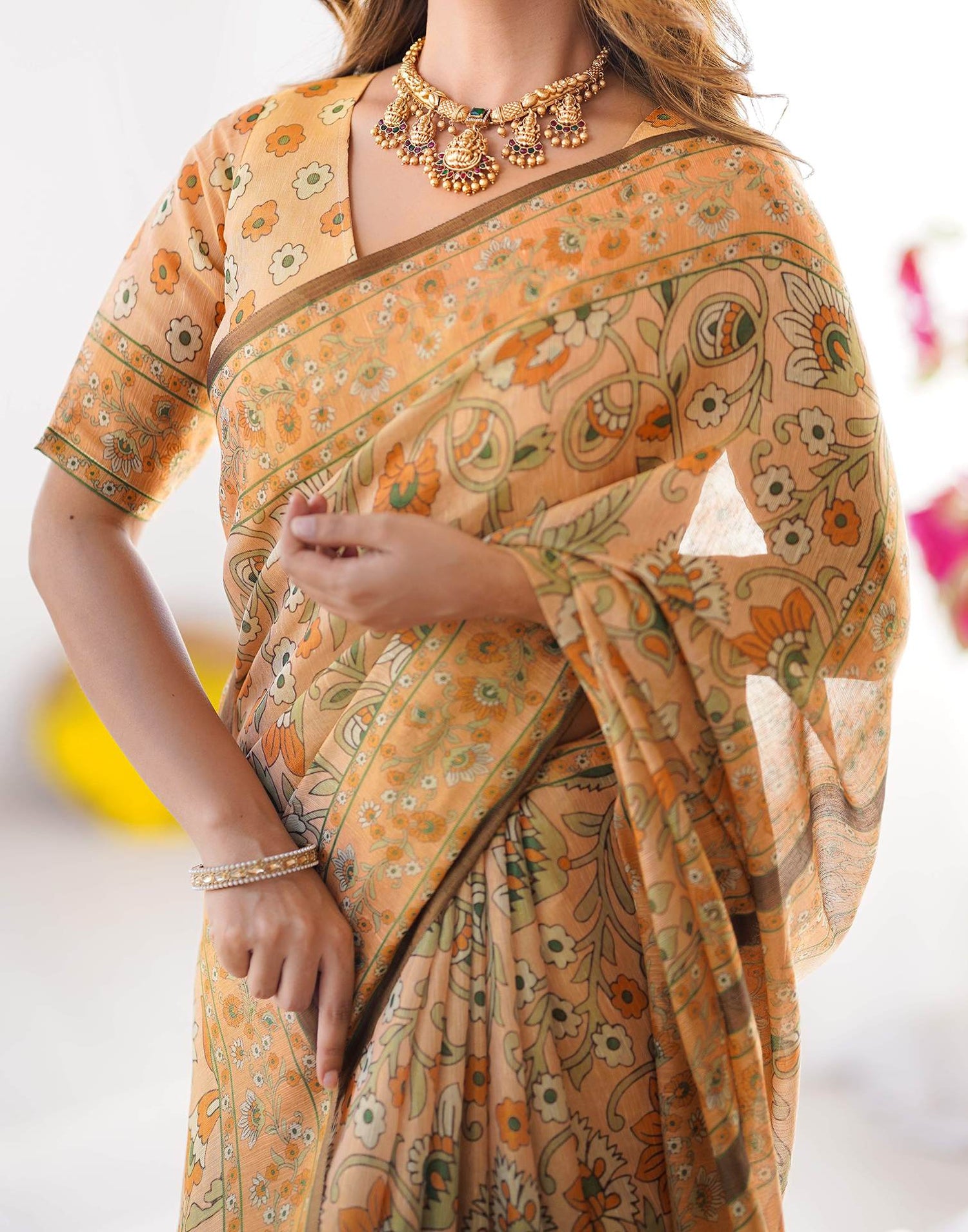 Beige Linen Kalamkari Saree