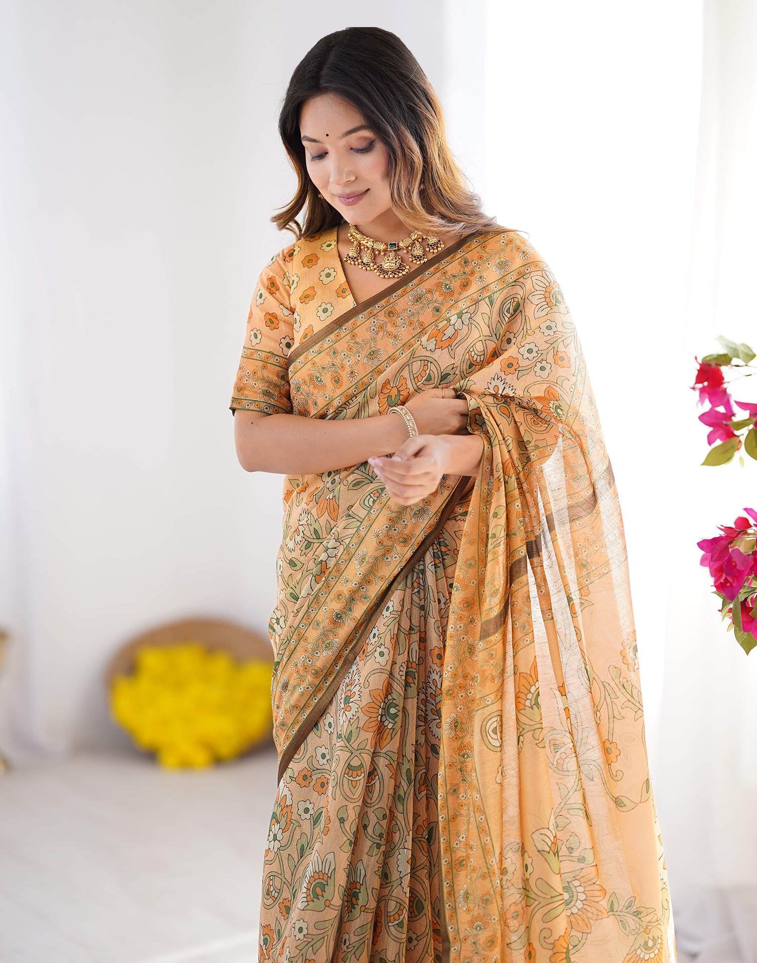 Beige Linen Kalamkari Saree