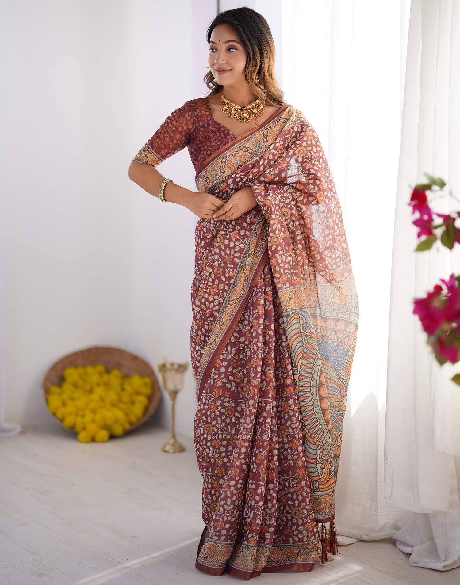 Dusty Wine Linen Kalamkari Saree