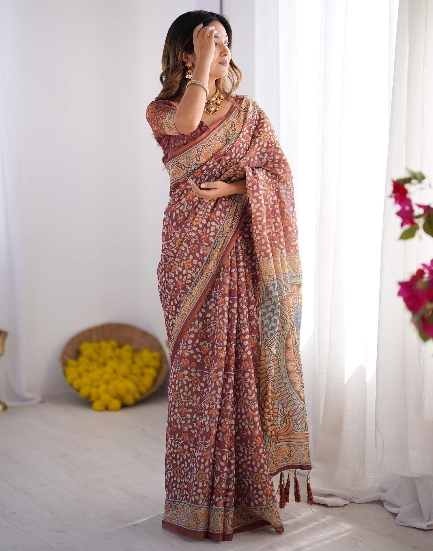 Dusty Wine Linen Kalamkari Saree
