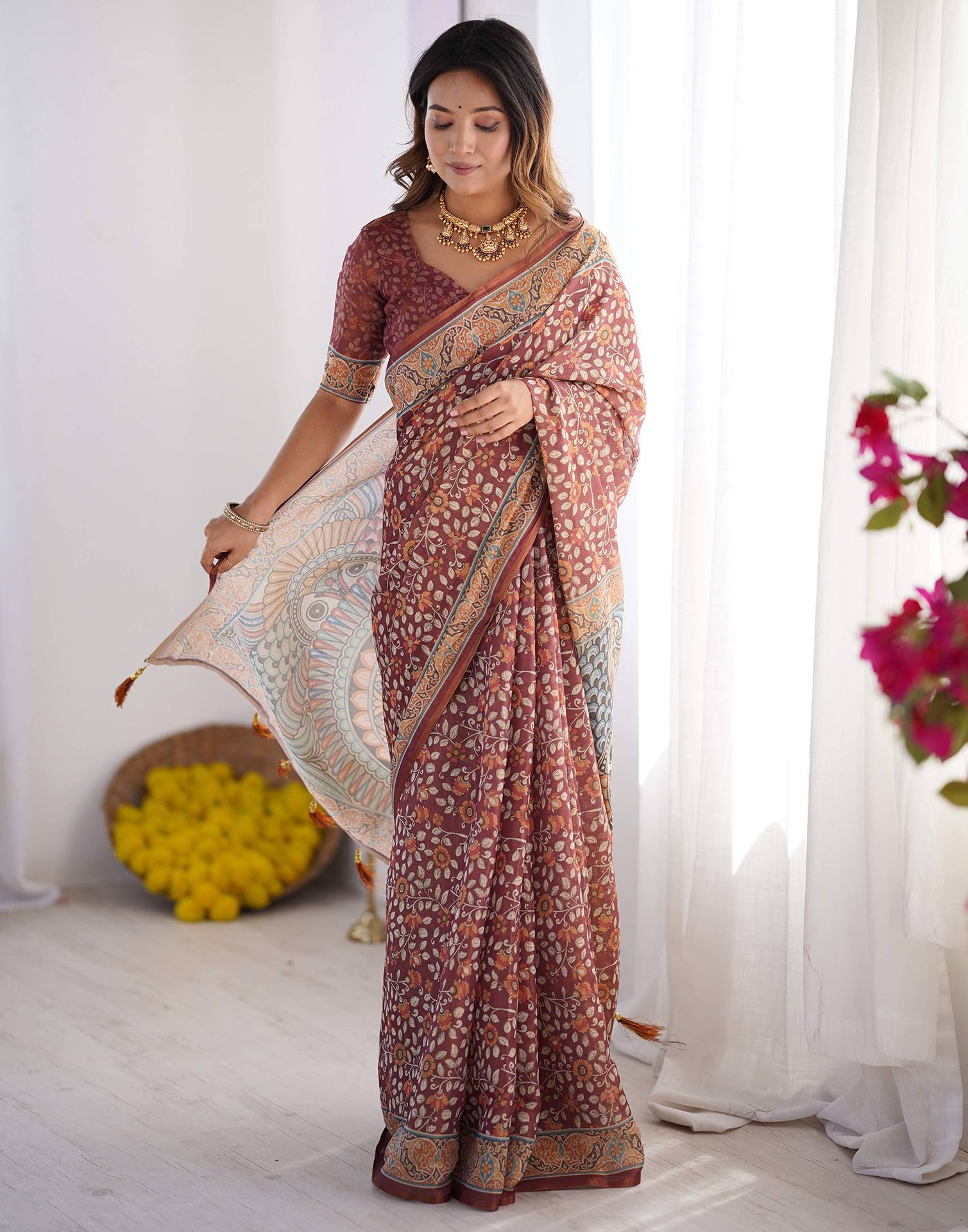 Dusty Wine Linen Kalamkari Saree