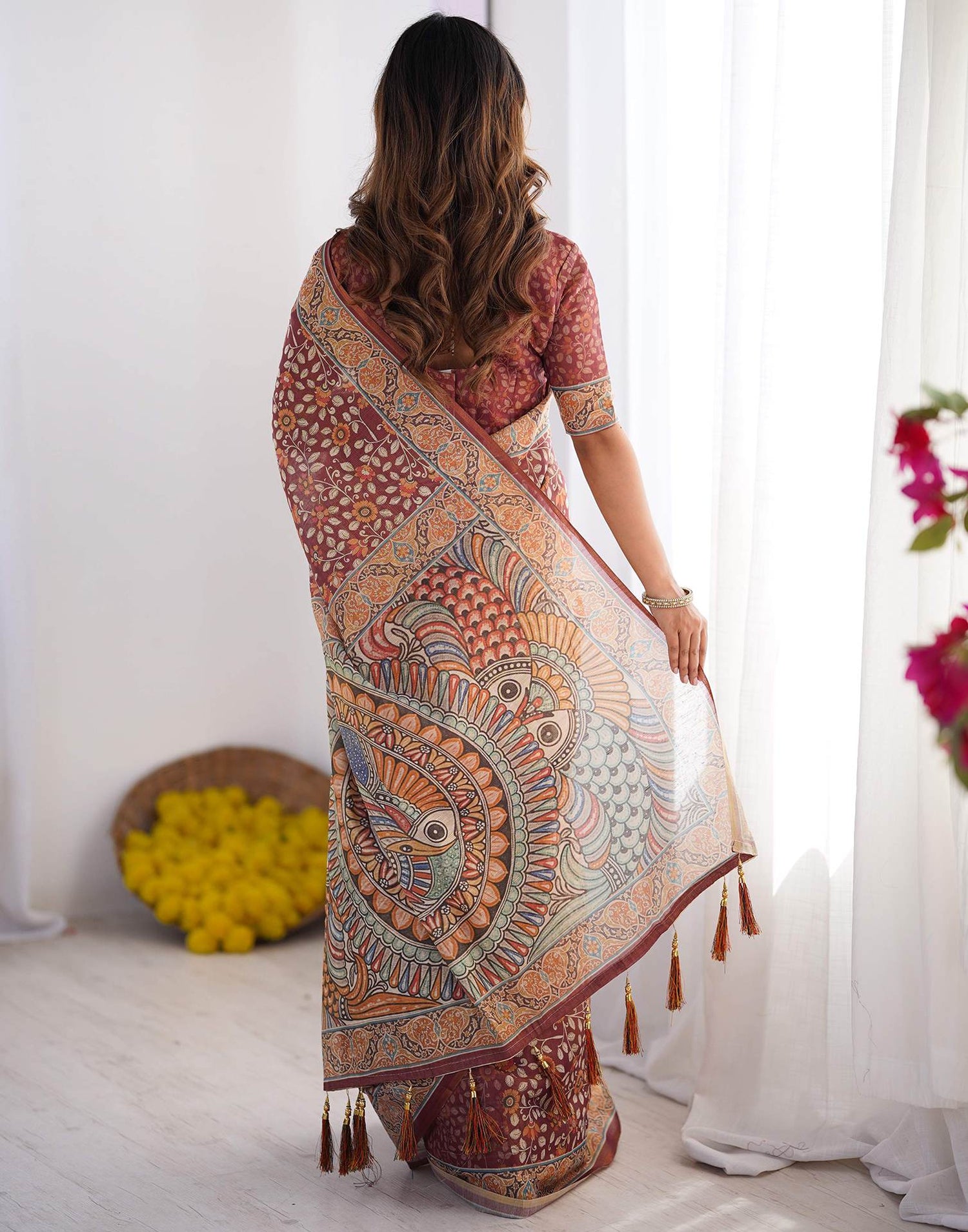 Dusty Wine Linen Kalamkari Saree