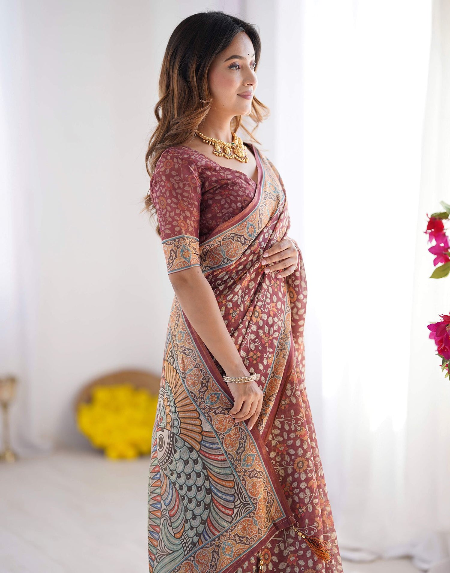 Dusty Wine Linen Kalamkari Saree