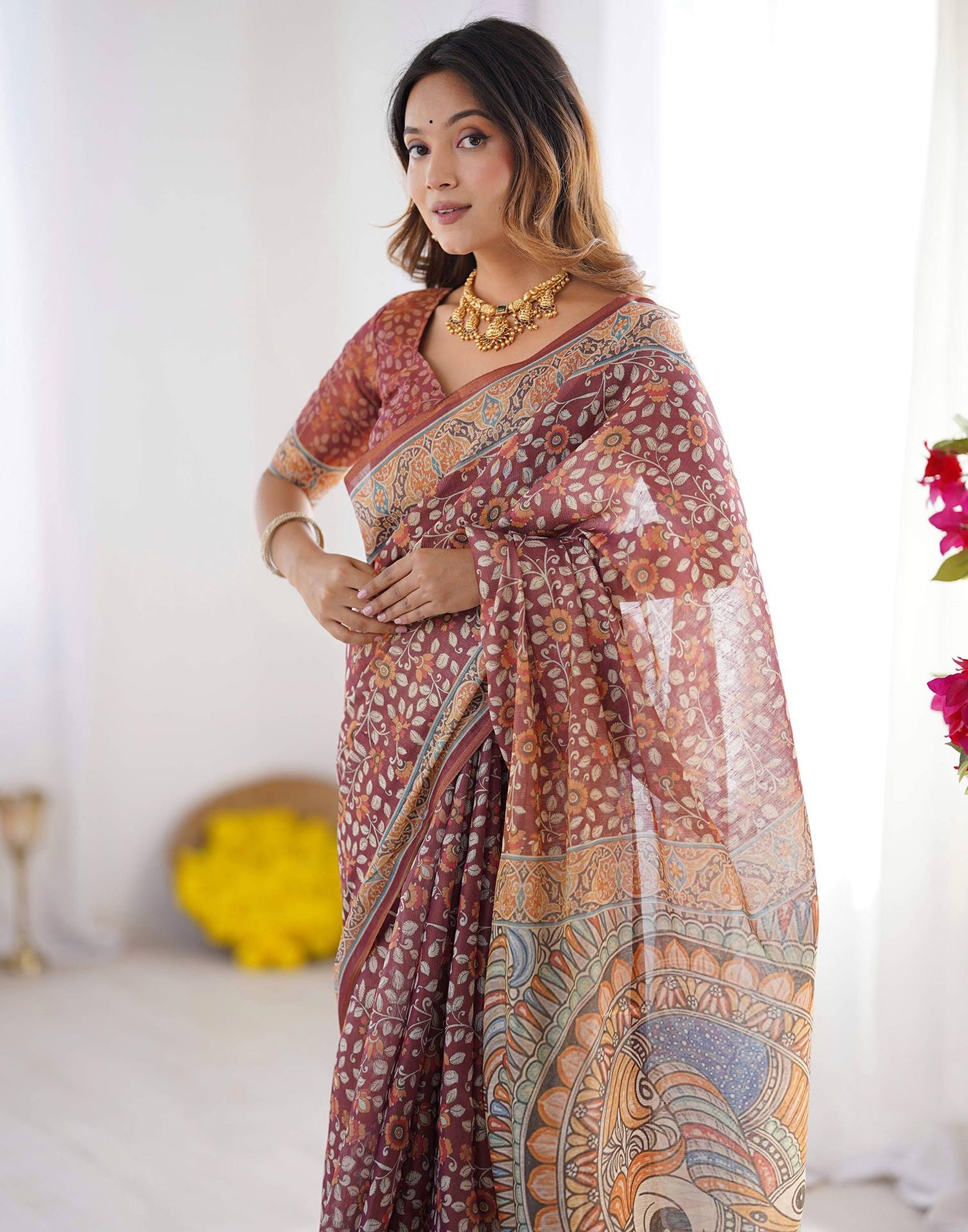 Dusty Wine Linen Kalamkari Saree