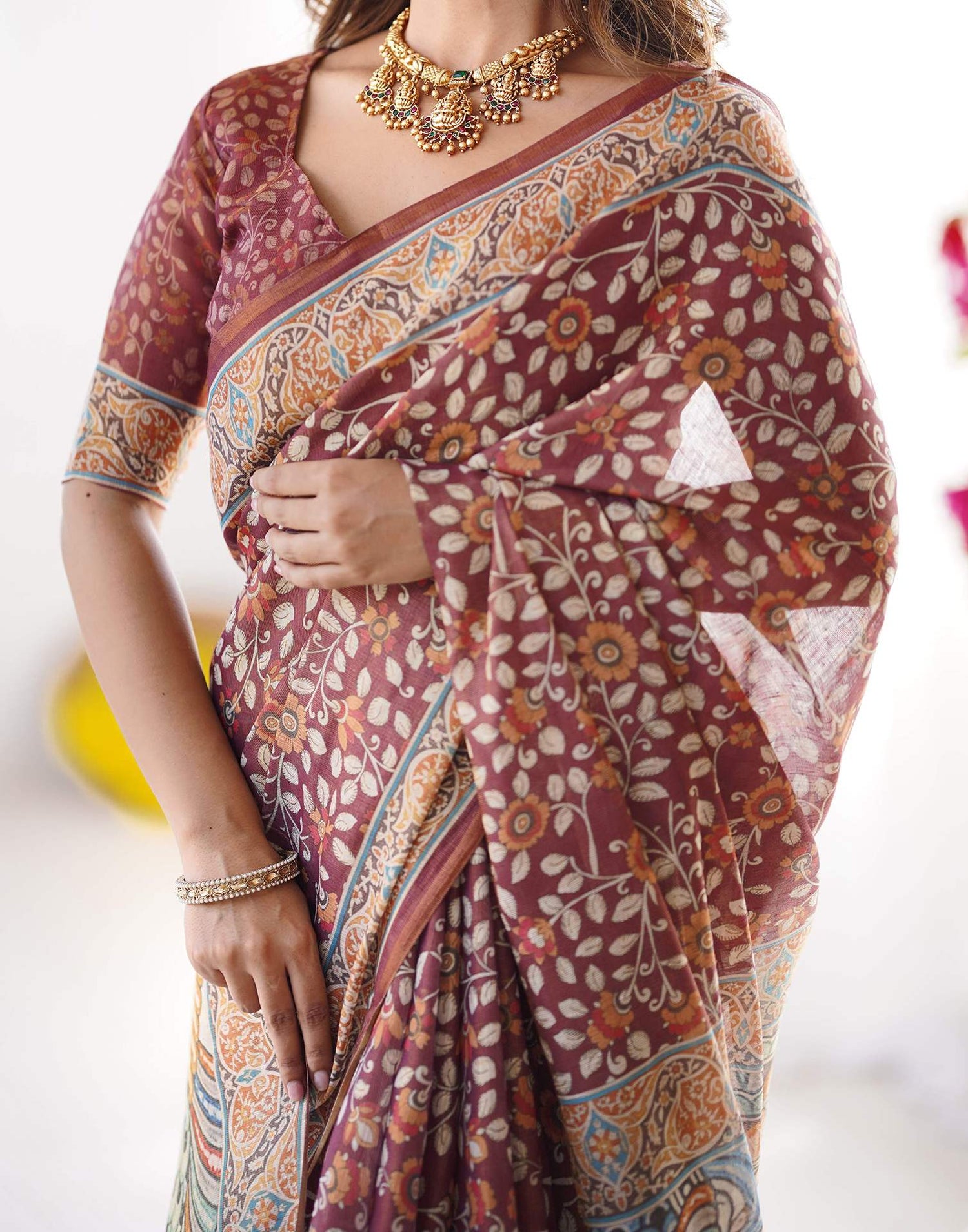 Dusty Wine Linen Kalamkari Saree