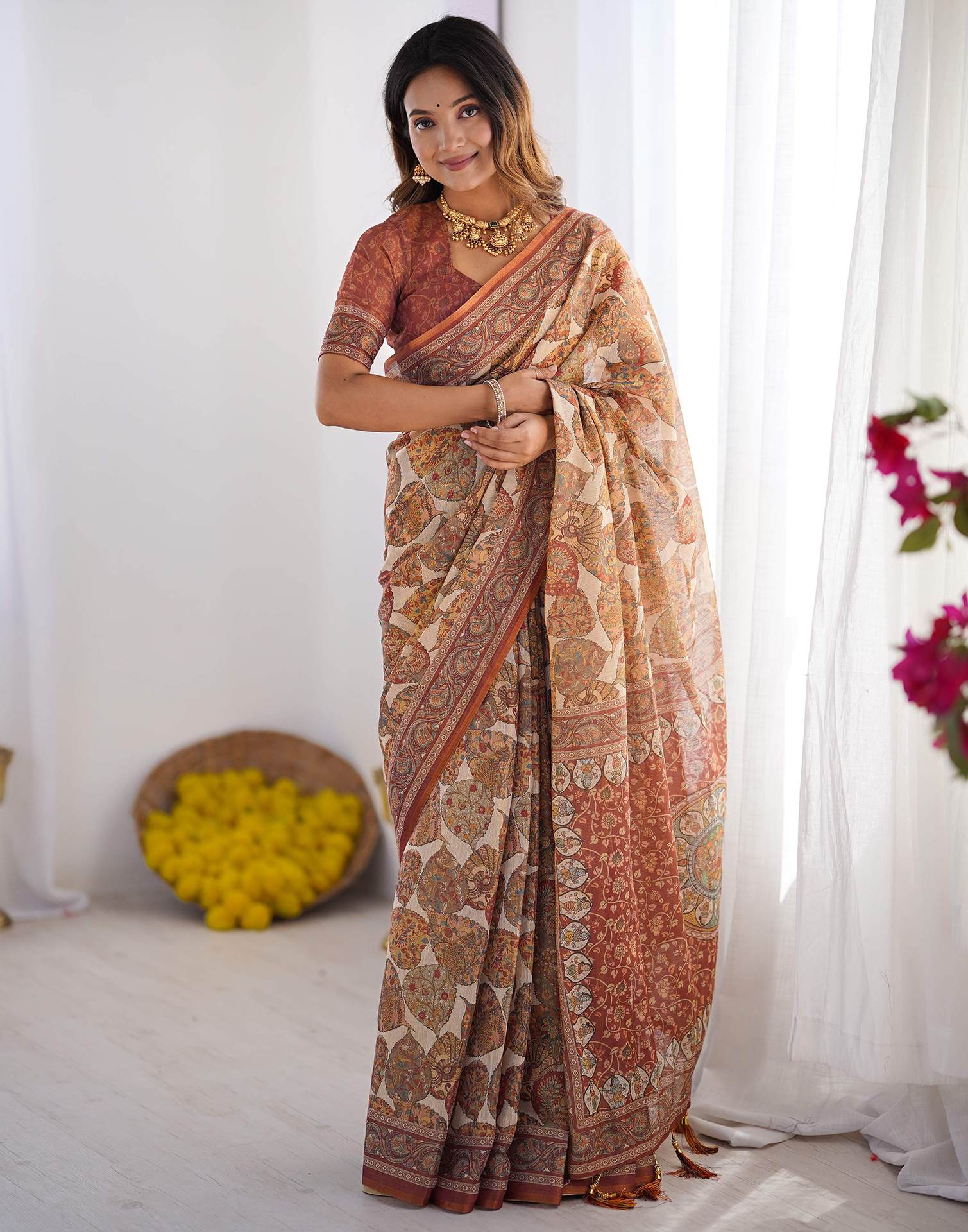Beige Linen Printed Saree