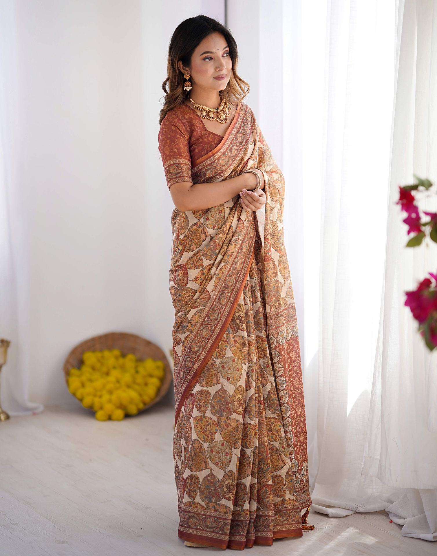 Beige Linen Printed Saree