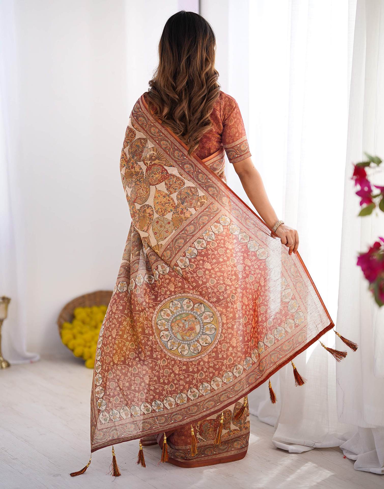 Beige Linen Printed Saree