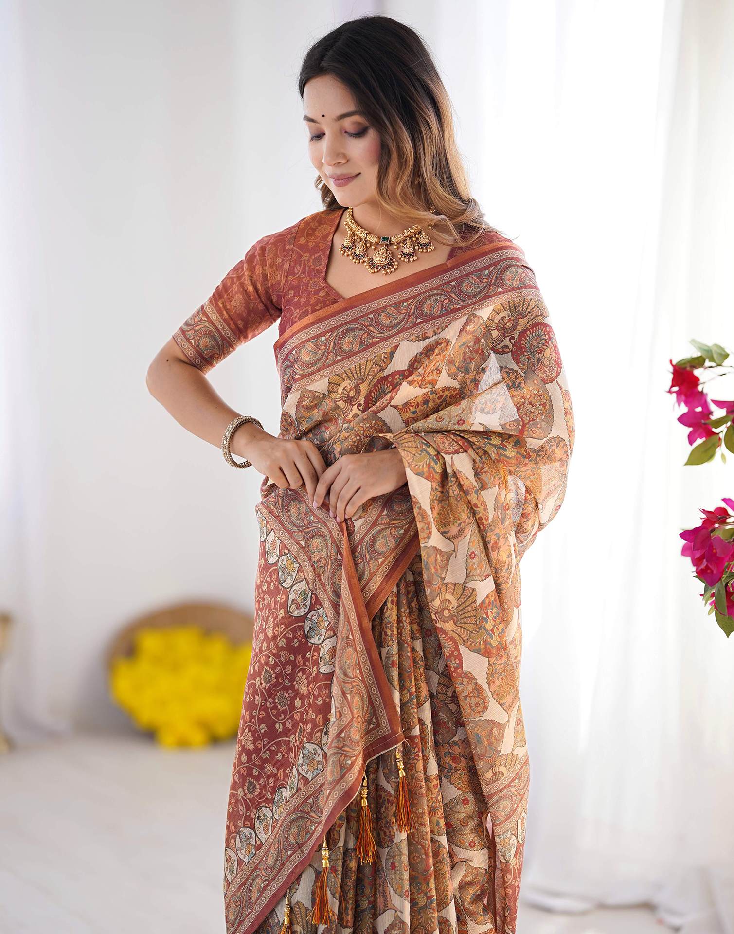 Beige Linen Printed Saree